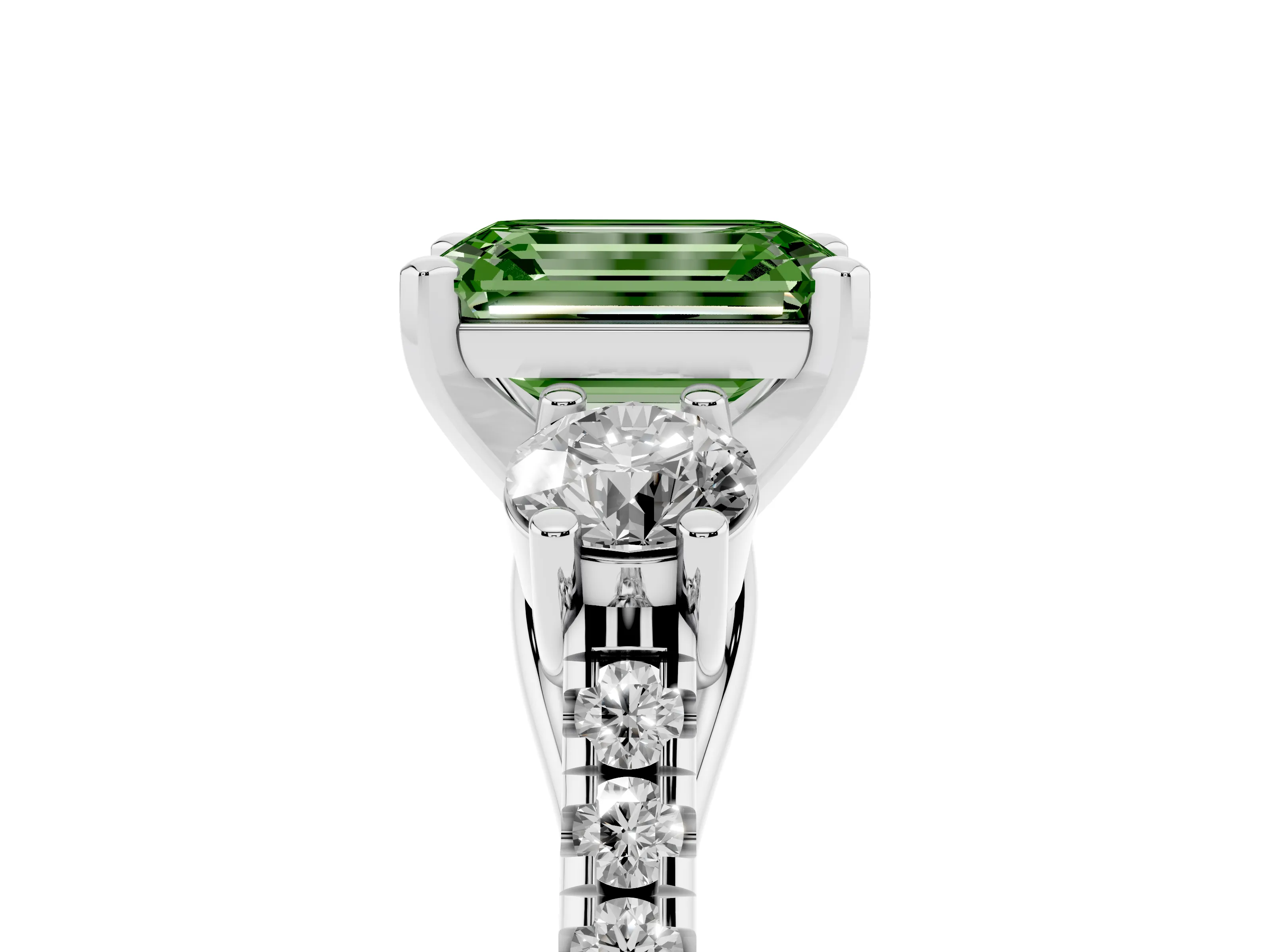 Fancy Green Three-Stone Emerald Cut Diamond Pavé Band Ring Set in Silver with Prong-Set Trio