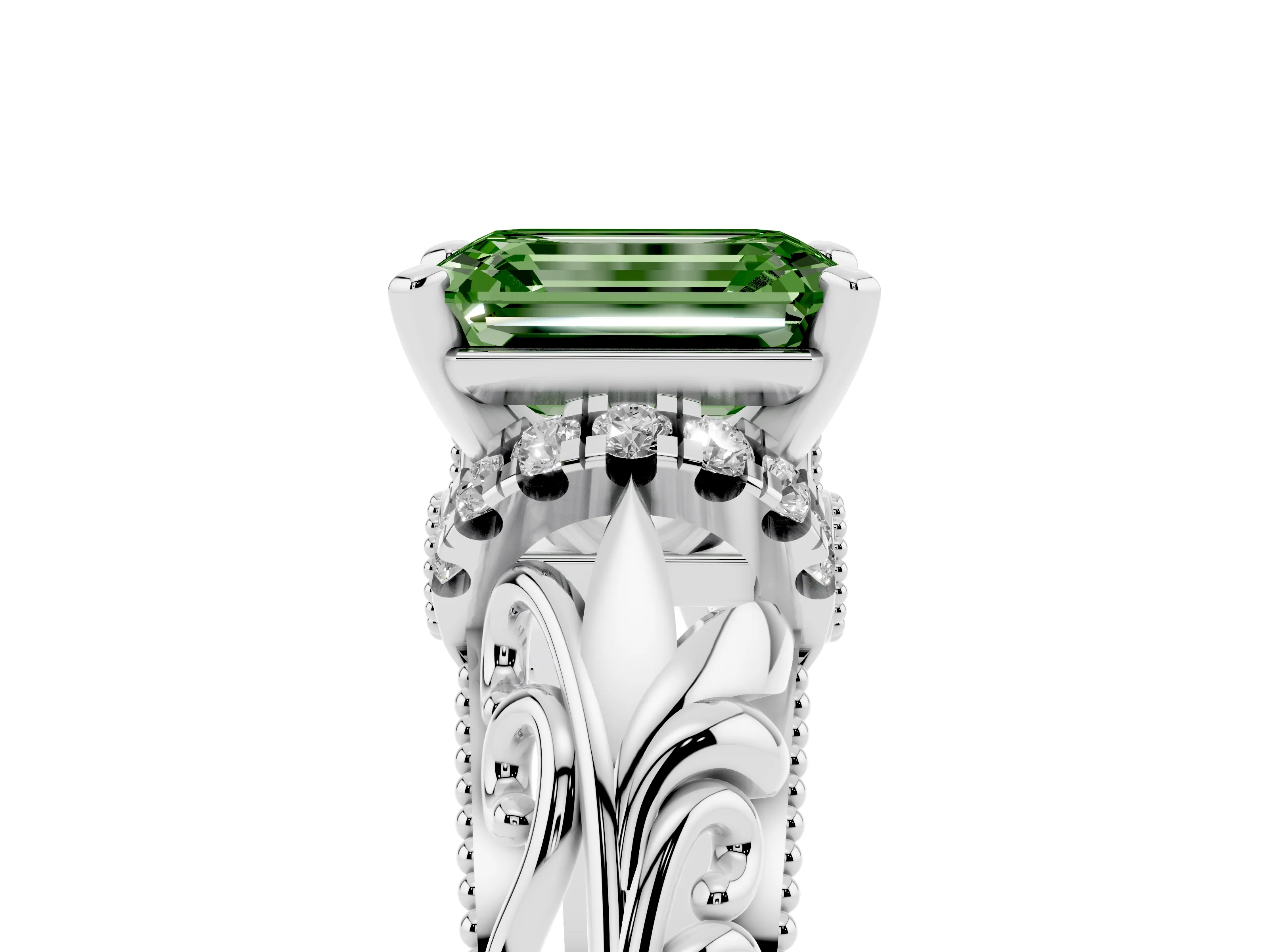 Fancy Green Emerald Cut Diamond Filigree Halo Engagement Ring Set in White gold with Prong Setting