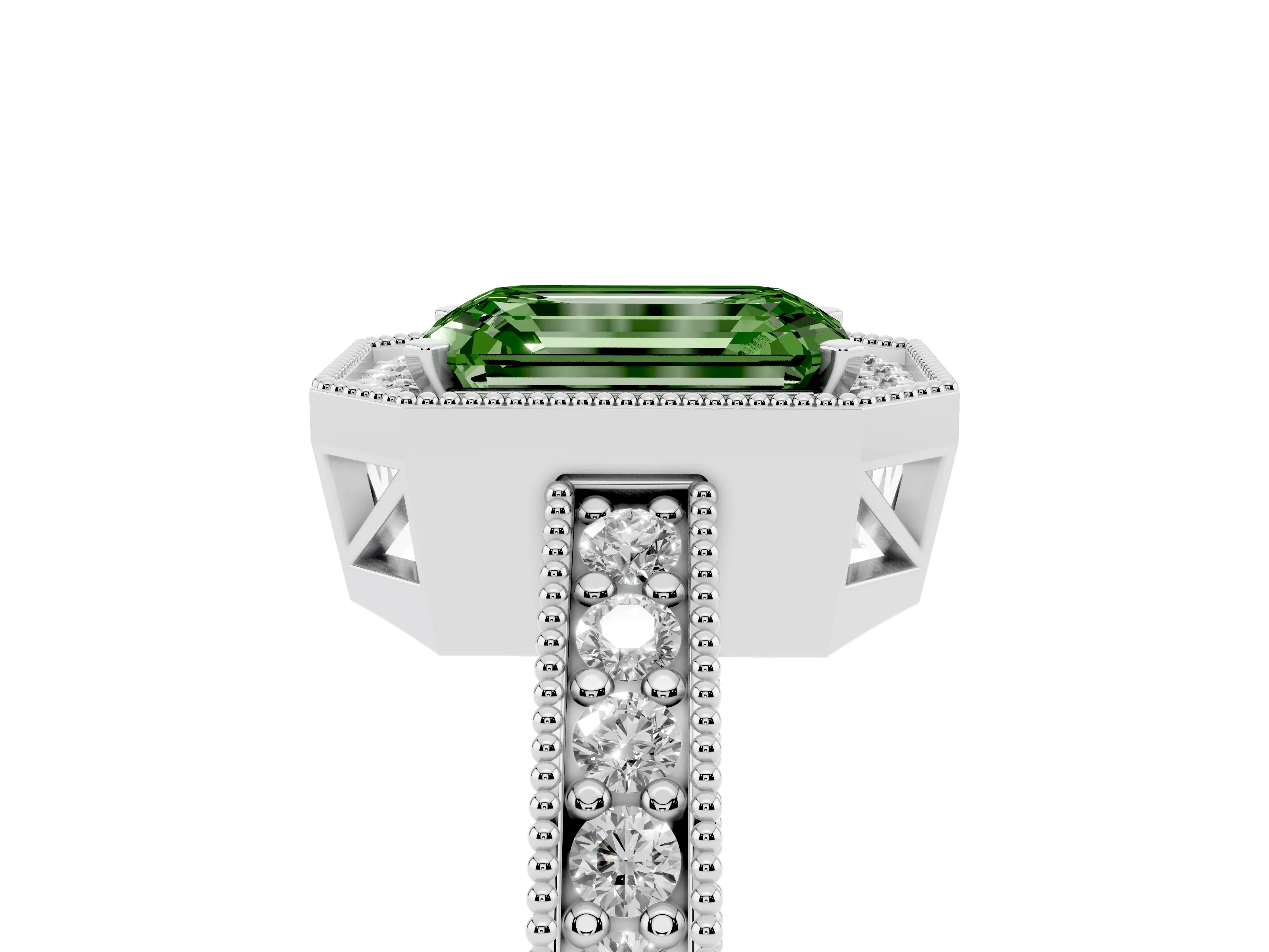 Fancy Green Emerald Cut Diamond Halo Pavé Band Ring Set in Platinum with Prong-Set Center