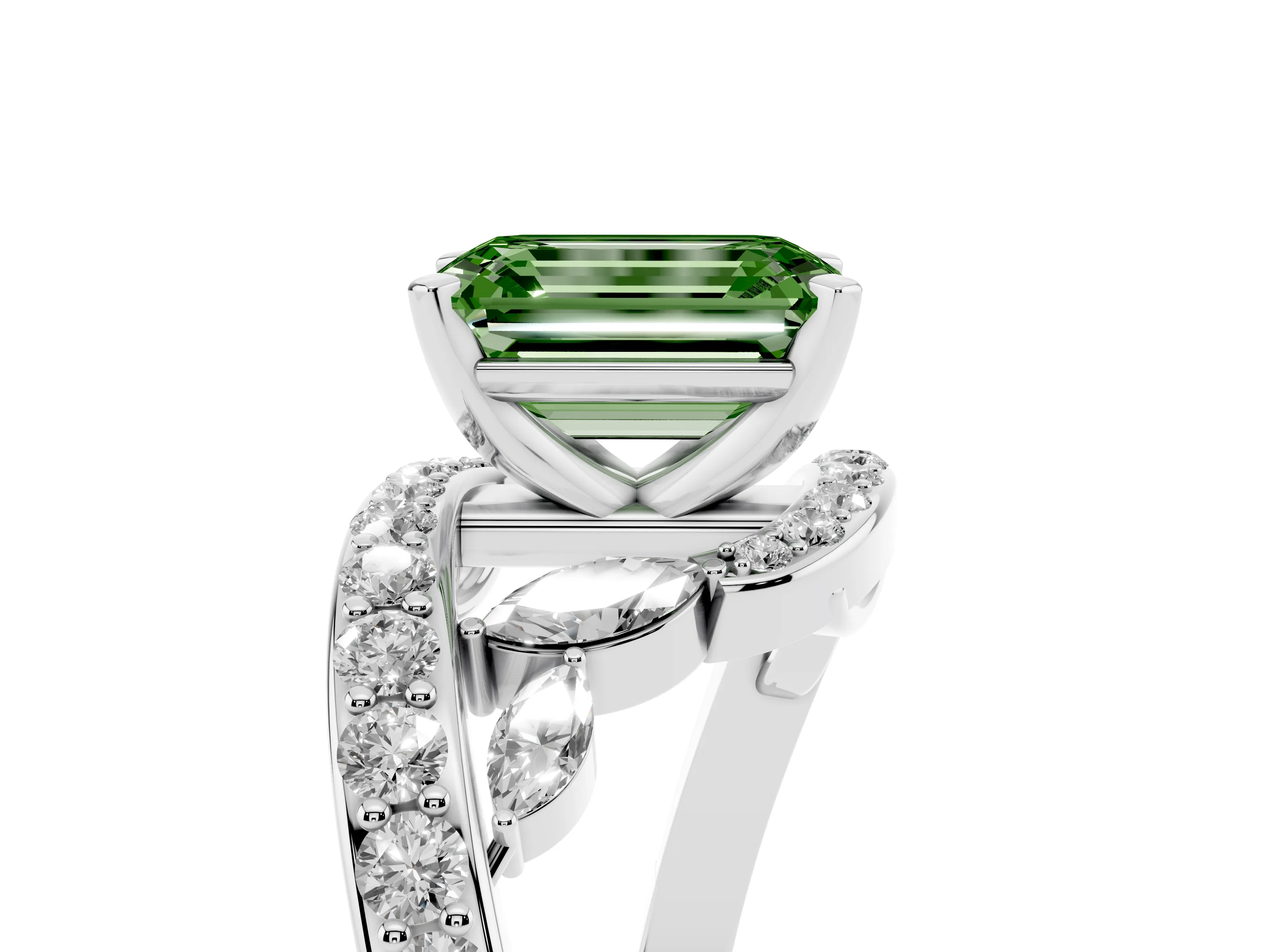 Fancy Green Emerald Cut Diamond Solitaire Ring Set in Platinum with Pavé Twist Band and Secure Prong Setting