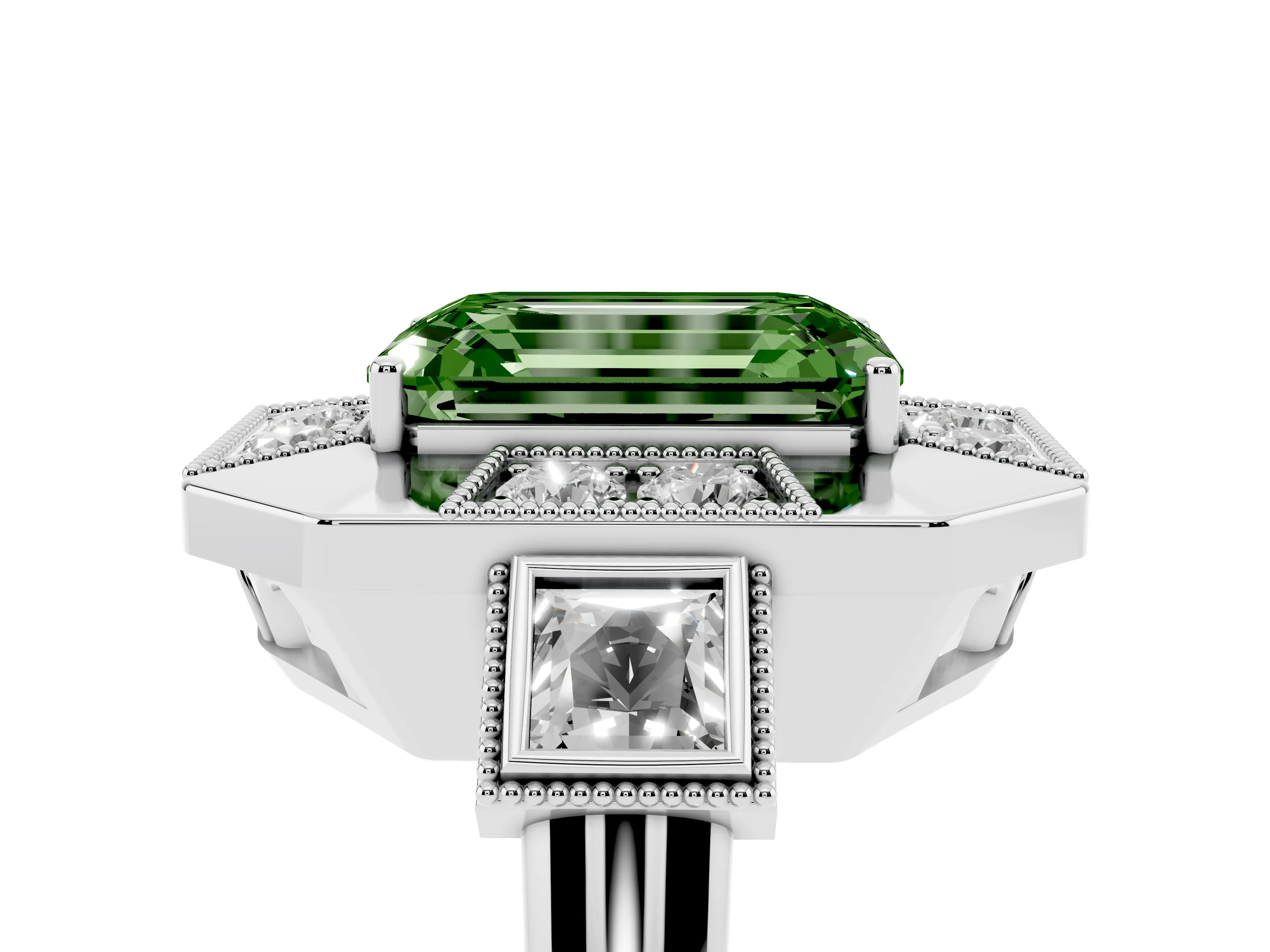 Fancy Green Emerald Cut Diamond Milgrain Halo Ring Set in Silver with Split Shank