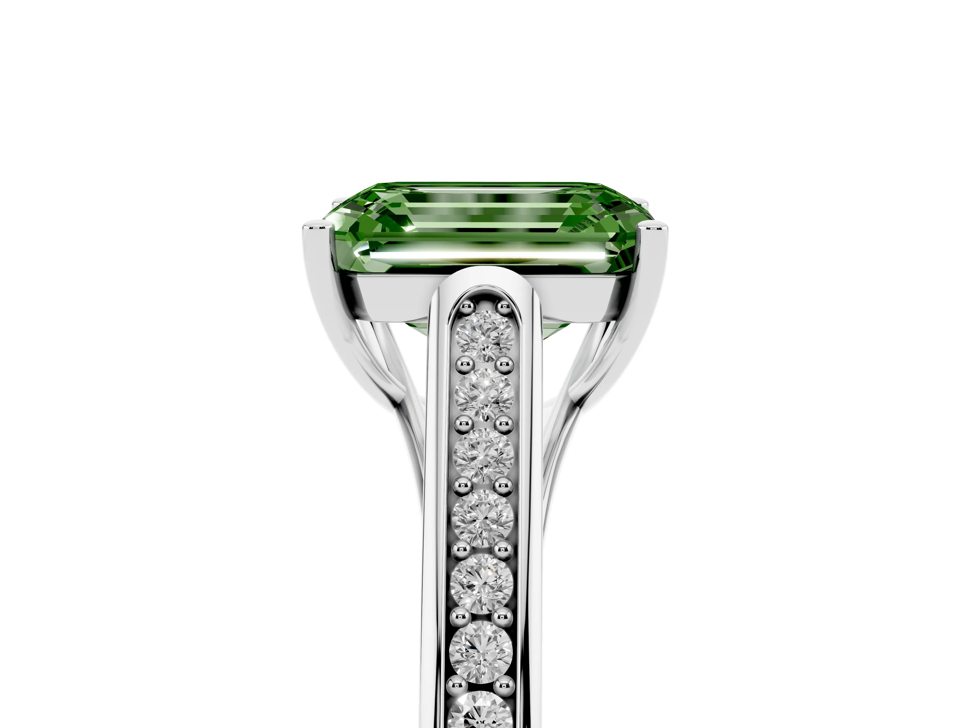 Fancy Green Emerald Cut Diamond Solitaire Cathedral Engagement Ring Set in White gold with Channel-Set Band and Prong Setting