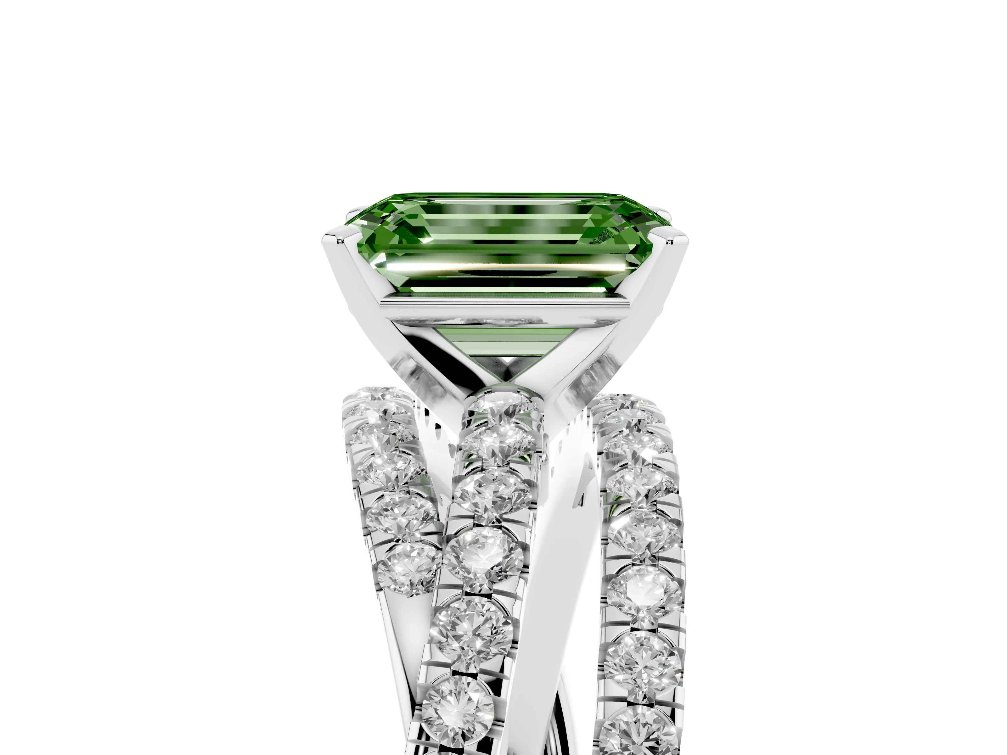 Fancy Green Emerald Cut Diamond Solitaire Twist Band Ring Set in Silver with Pavé Setting and Prong Head
