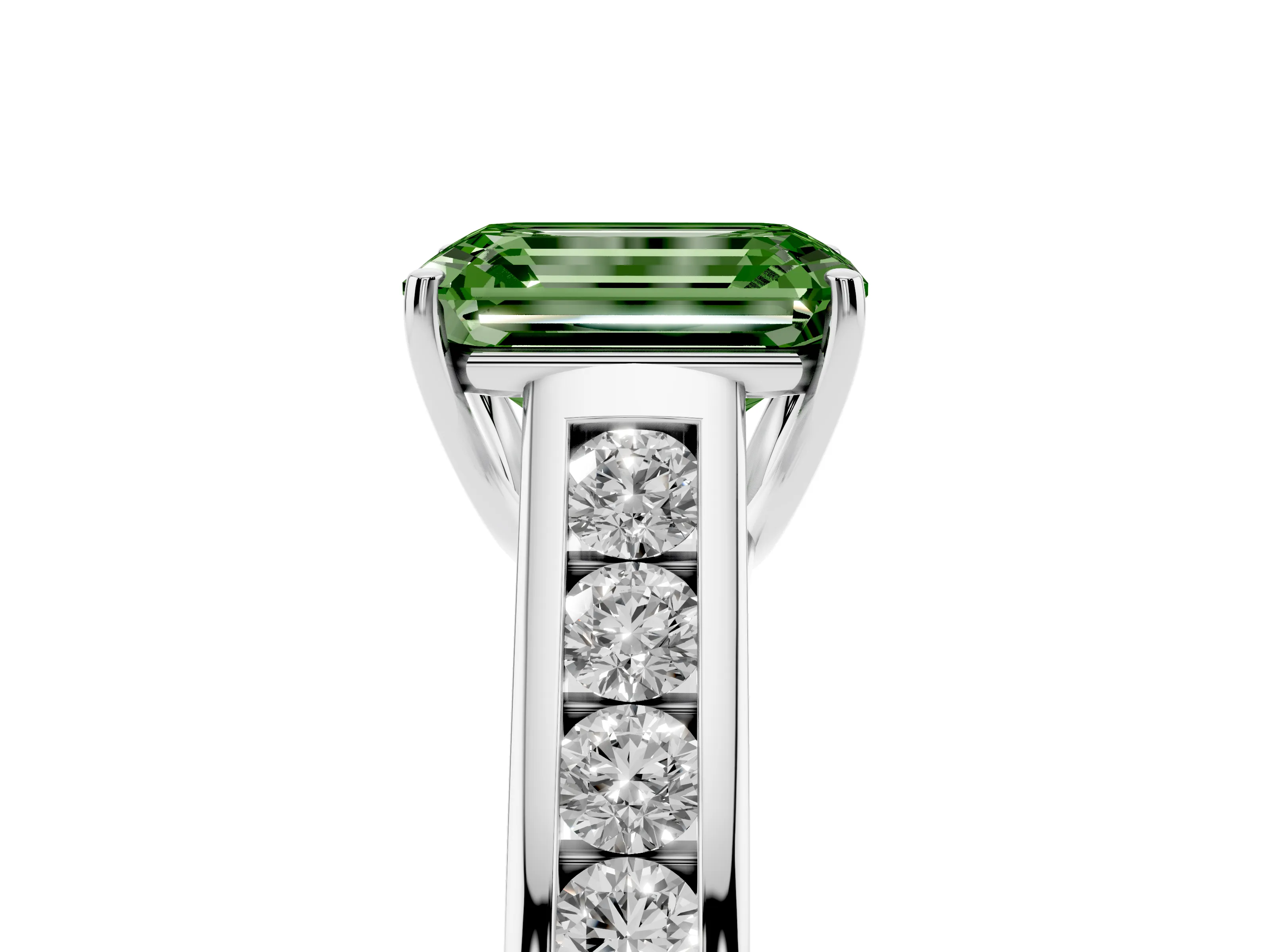 Fancy Green Emerald Cut Diamond Solitaire Channel-Set Engagement Ring Set in White gold with Prong Setting