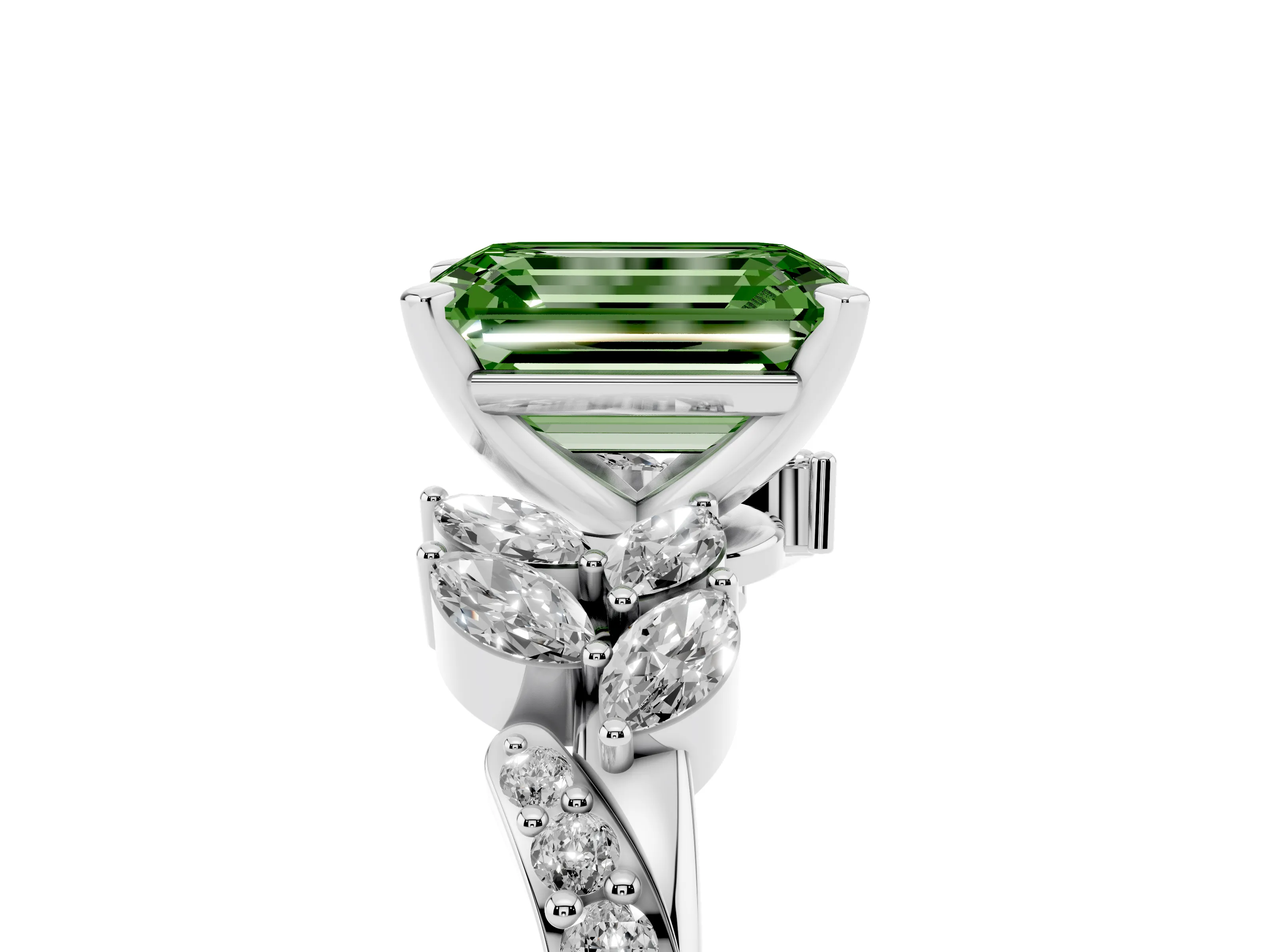 Fancy Green Emerald Cut Diamond Solitaire Ring Set in White gold with Marquise Twist Band and Prong Setting