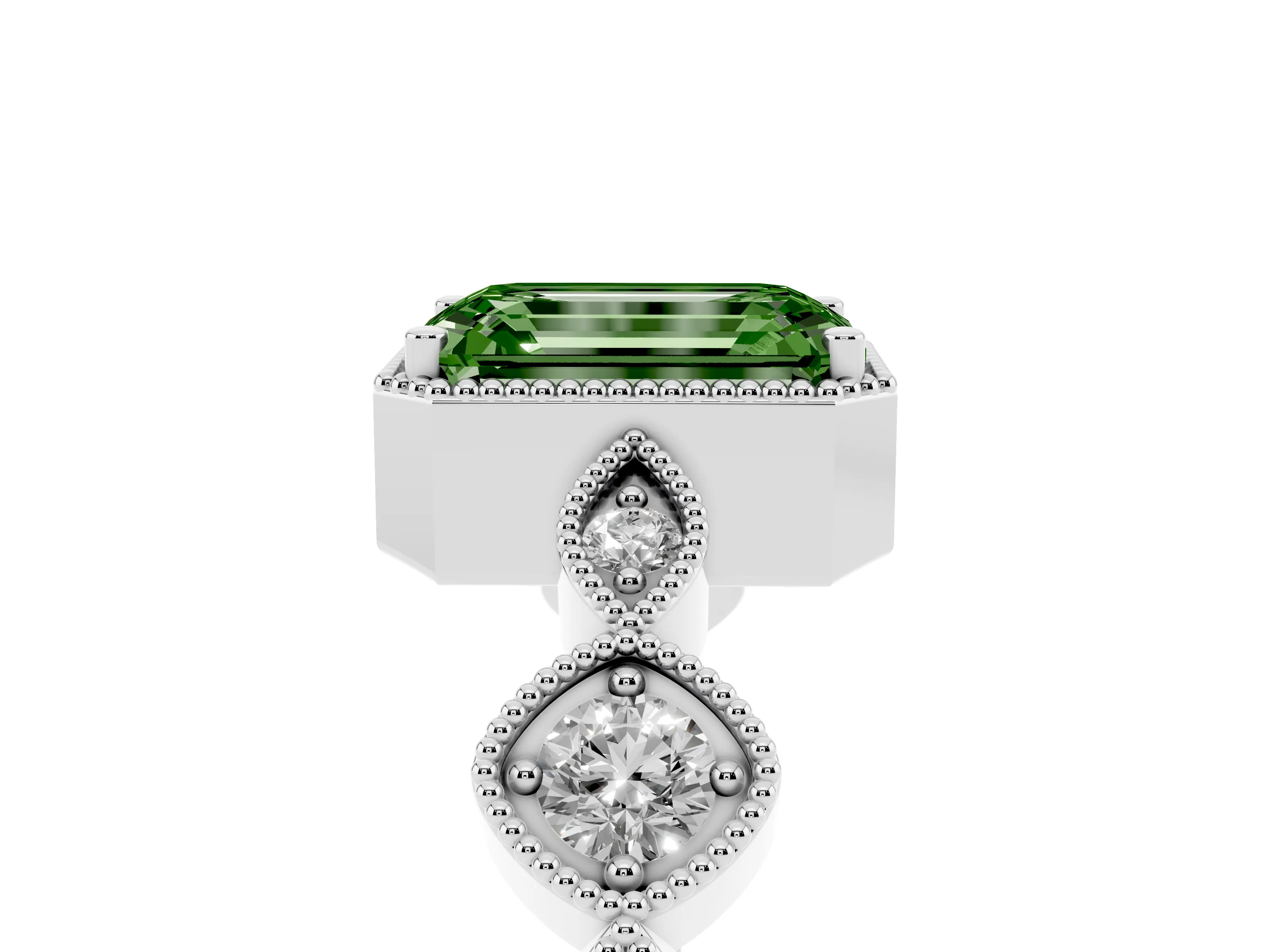 Fancy Green Emerald Cut Diamond Vintage-Inspired Milgrain Ring Set in White gold with Marquise Stations of Round Accents