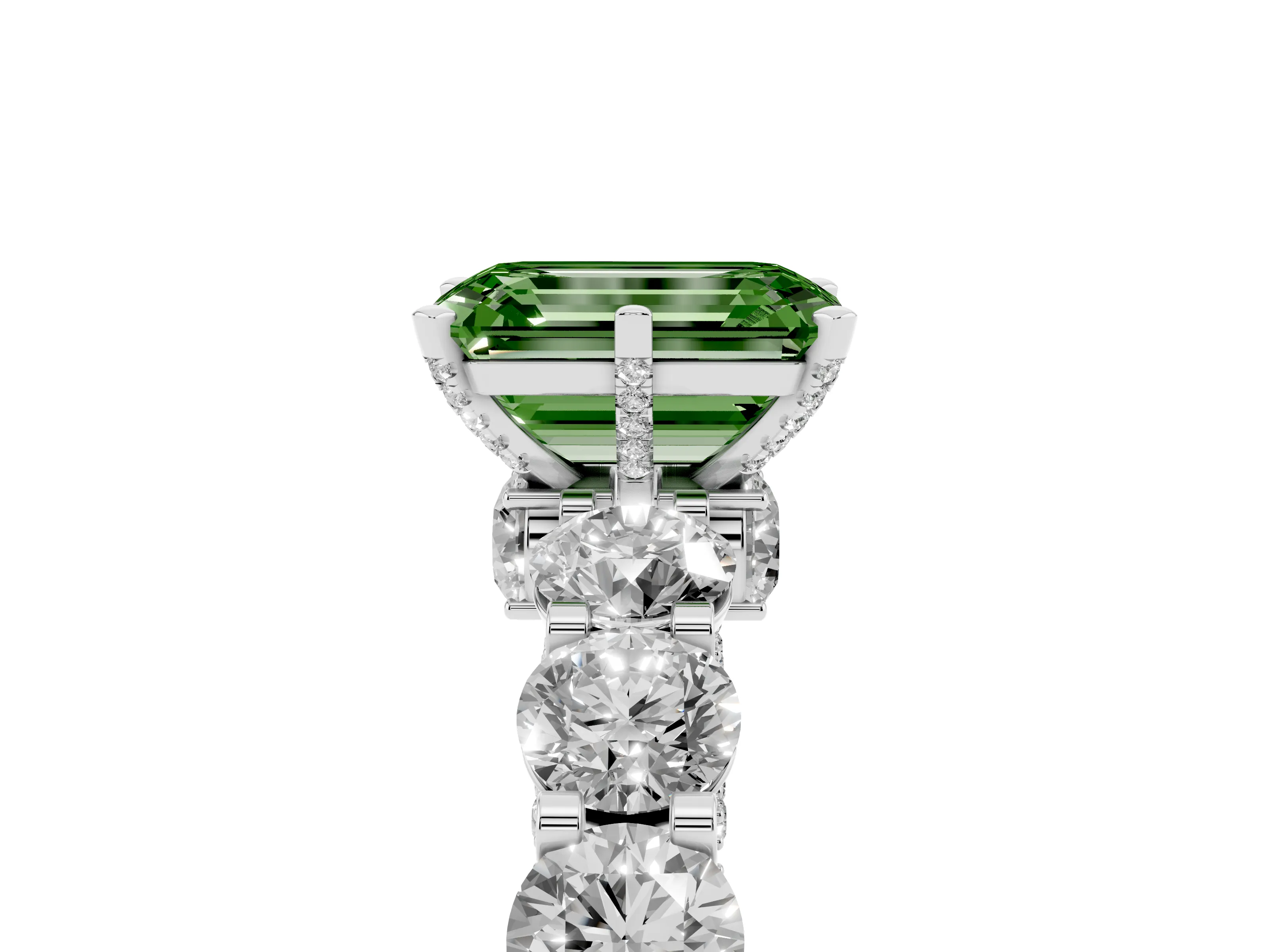 Fancy Green Emerald Cut Diamond Side Stone Ring Set in Platinum with Alternating Round and Oval Side Stones