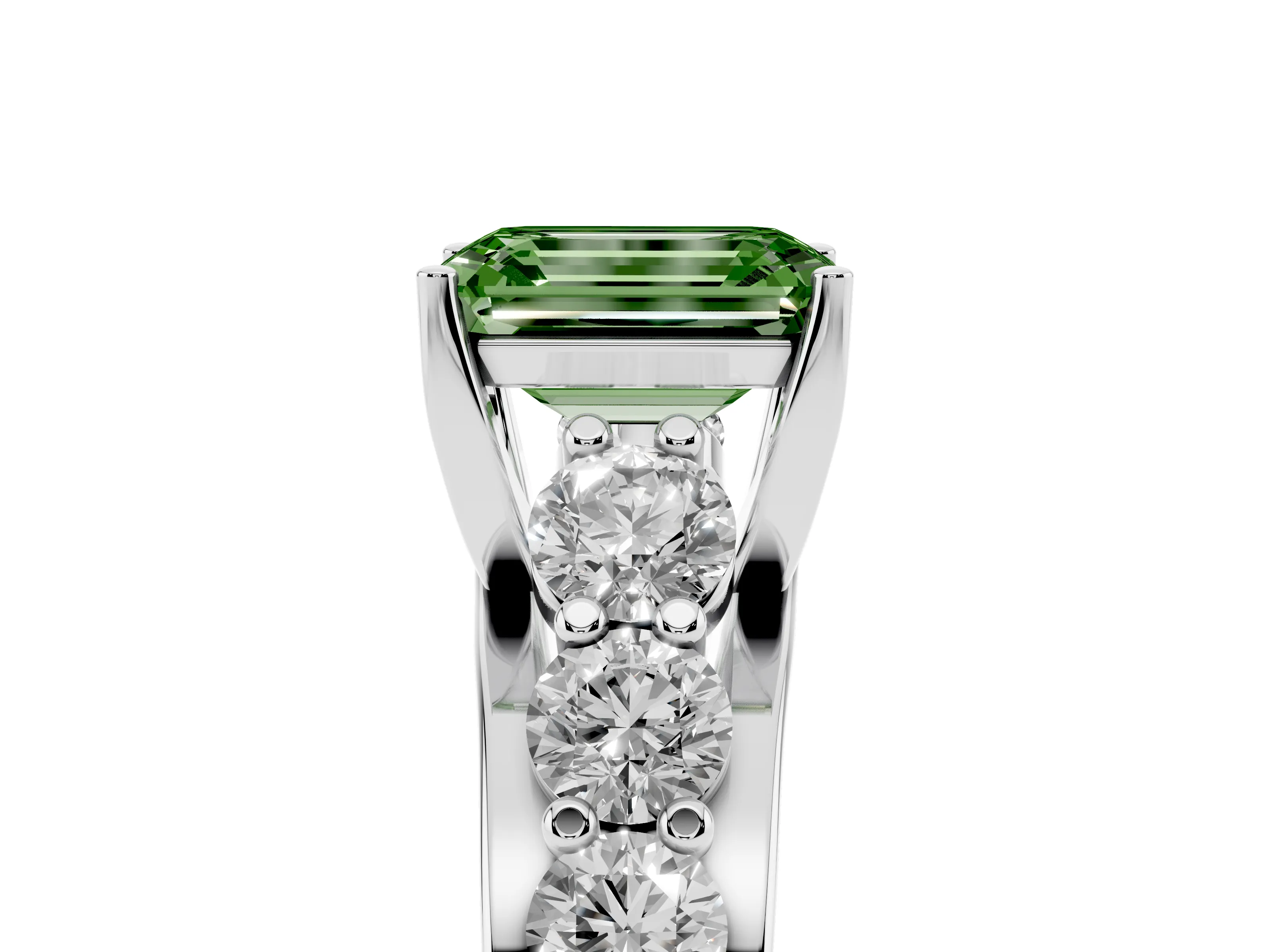 Fancy Green Emerald Cut Diamond Pavé Engagement Ring Set in White gold with Prong Setting