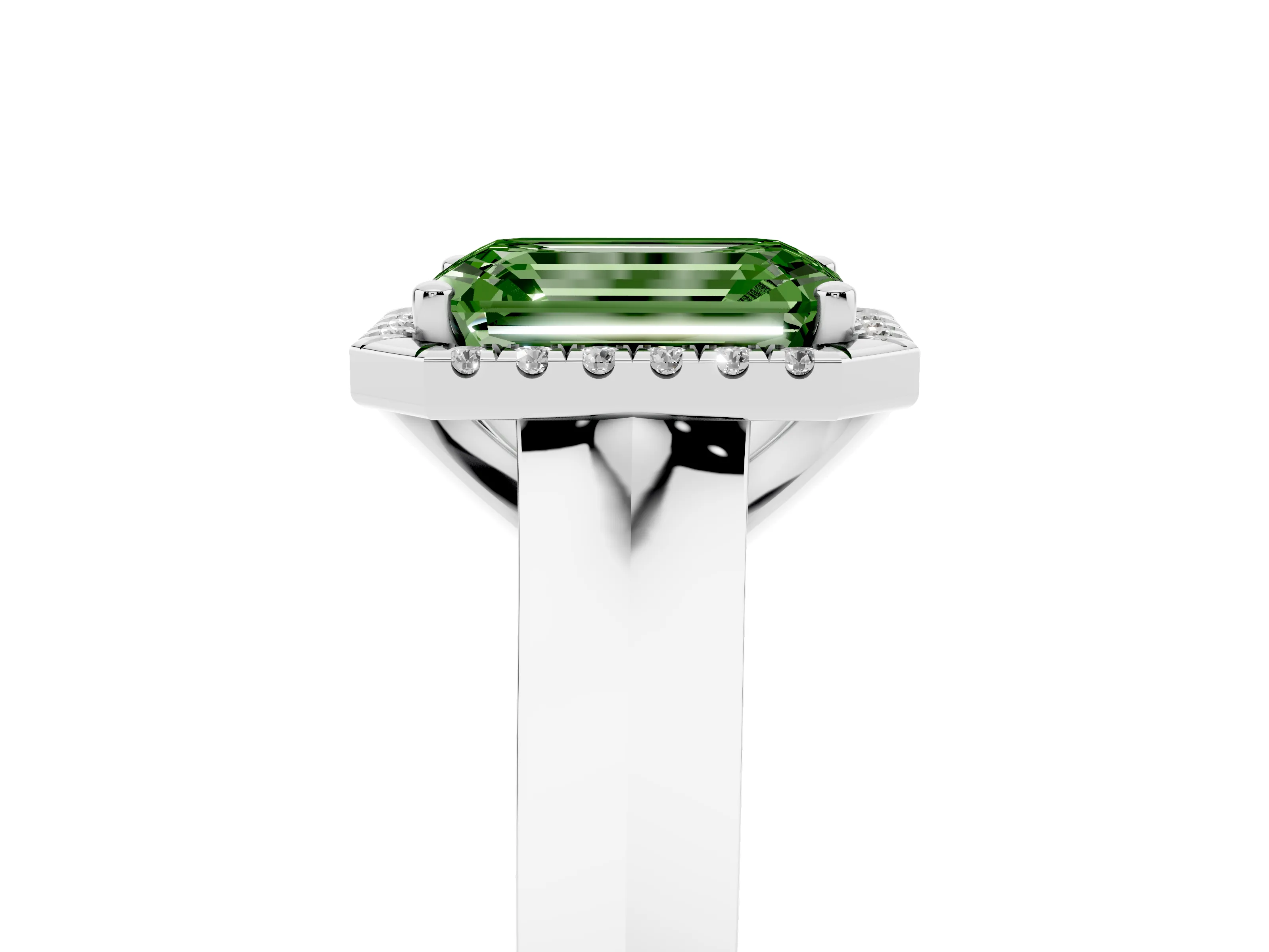Fancy Green Emerald Cut Diamond Halo Ring Set in White gold with Cathedral Band and Prong Setting