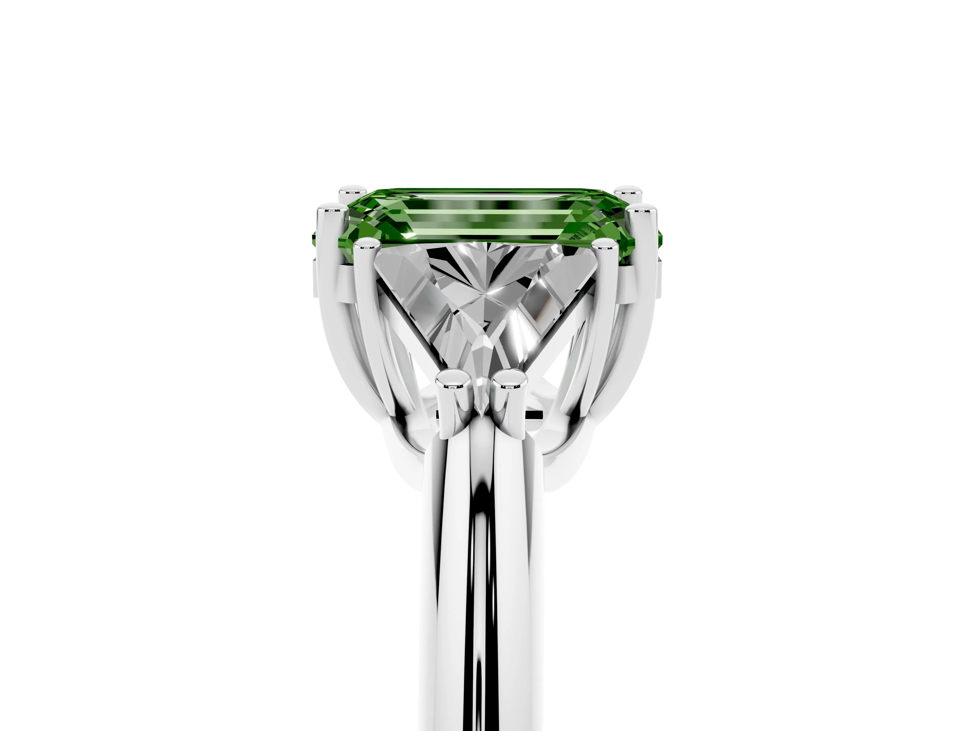 Fancy Green Emerald Cut Diamond Three-Stone Engagement Ring Set in Platinum with Trillion Side Stones