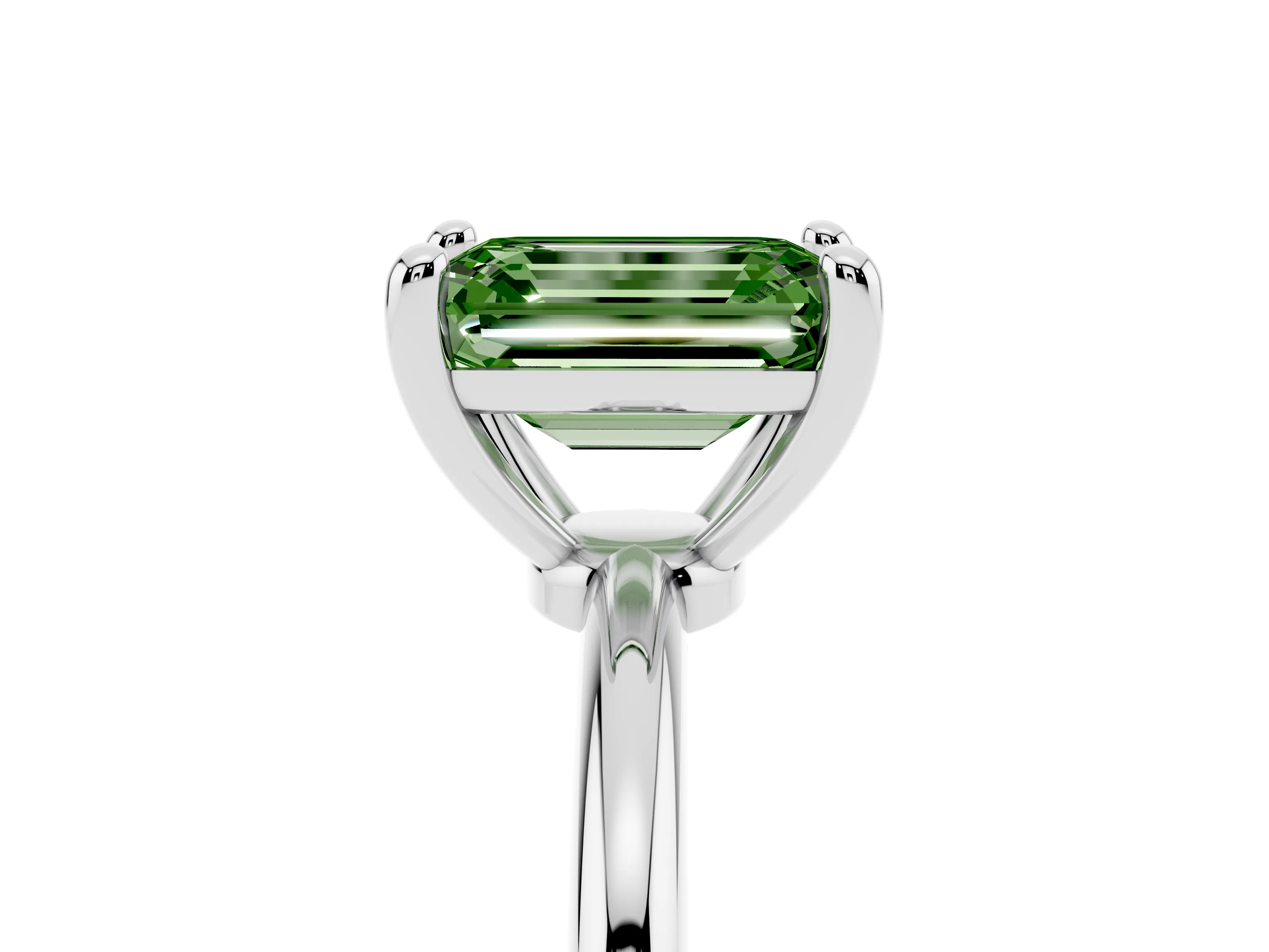 Fancy Green Emerald Cut Diamond Solitaire Ring Set in Platinum with Secure Prong Setting on a Classic Band