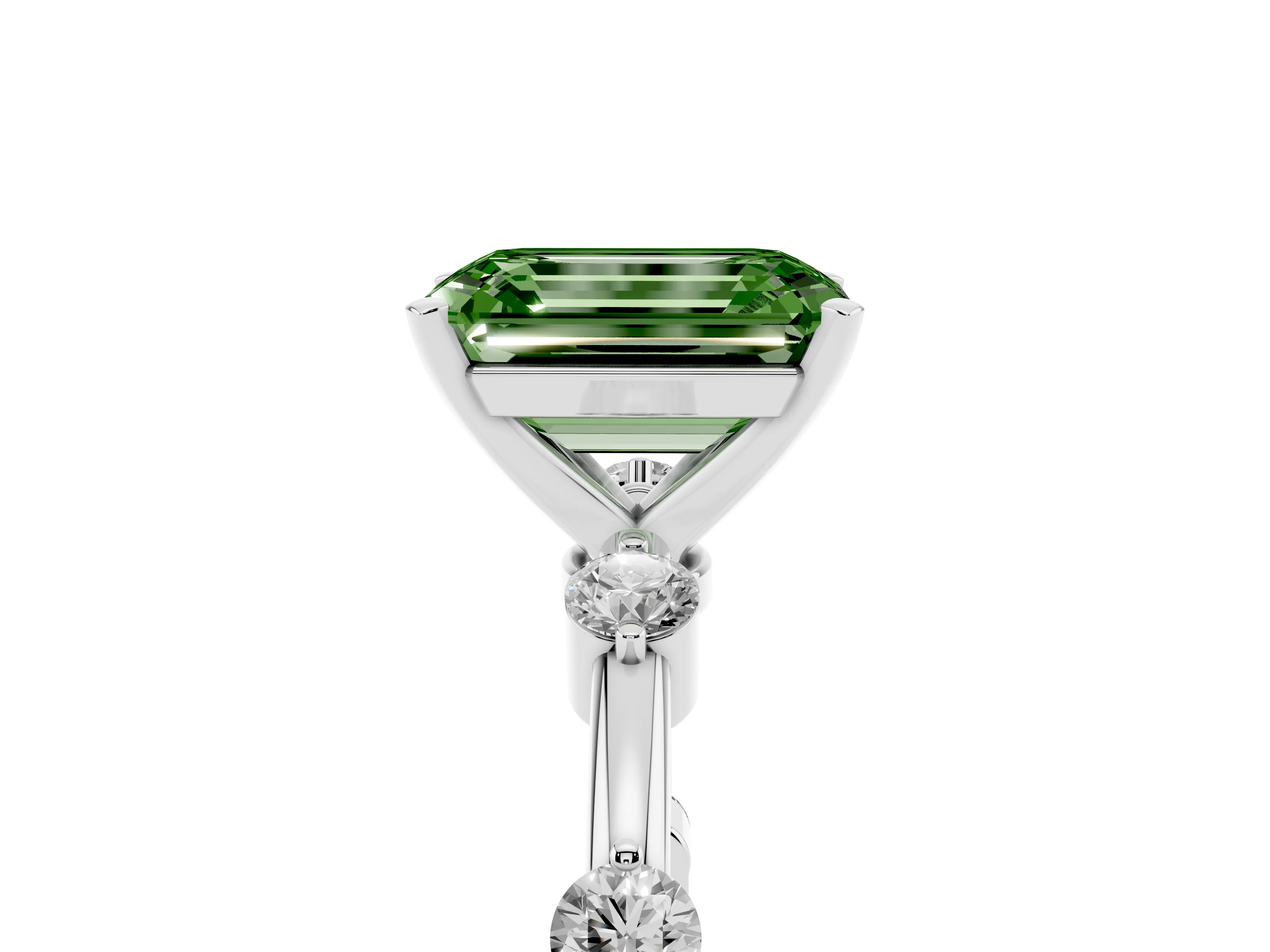 Fancy Green Emerald Cut Diamond Solitaire Ring Set in White gold with Bezel Set Side Stones and Prong Setting