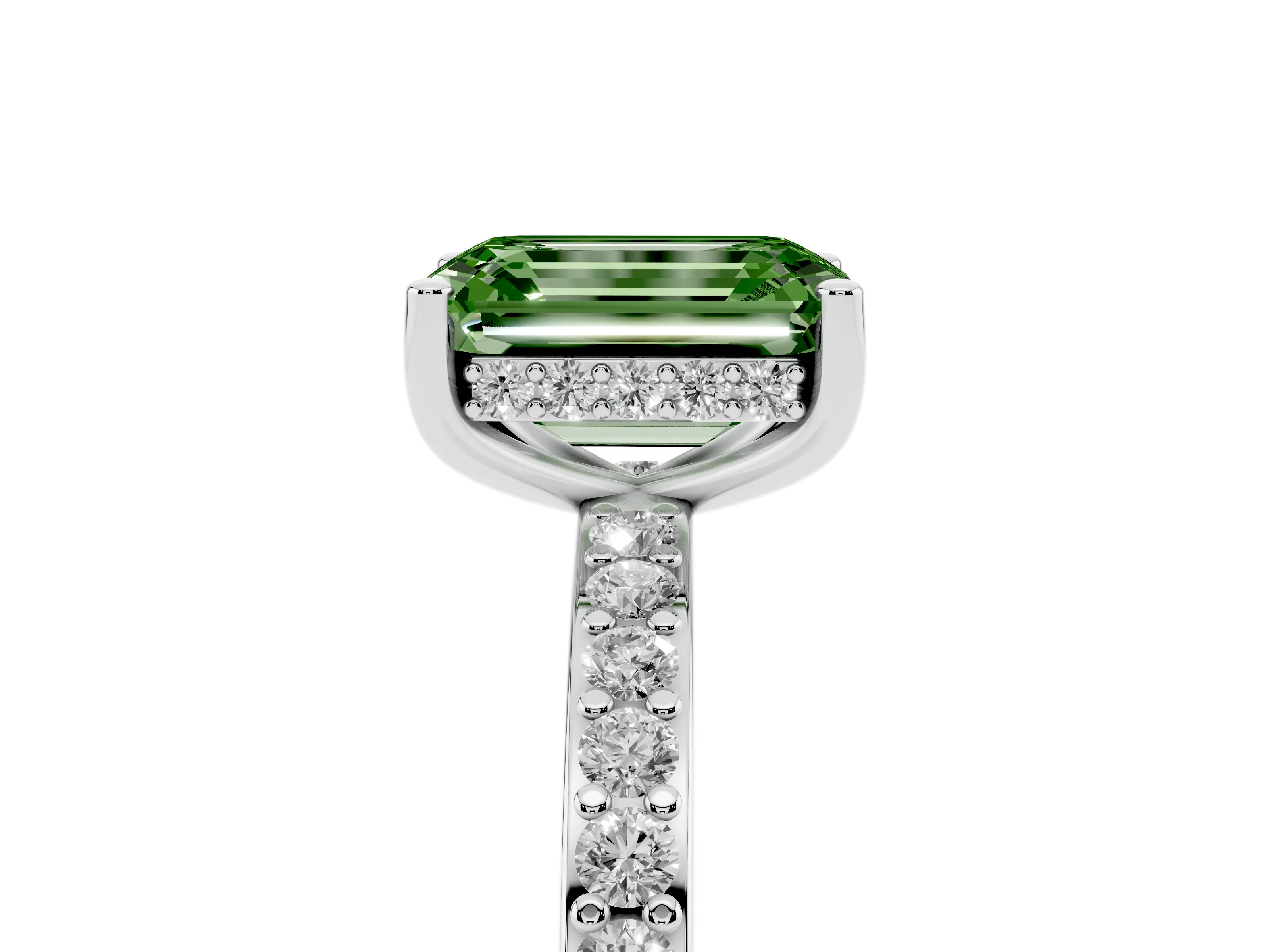 Fancy Green Emerald Cut Diamond Pavé Band Ring Set in Silver with Prong-Set Center Stone