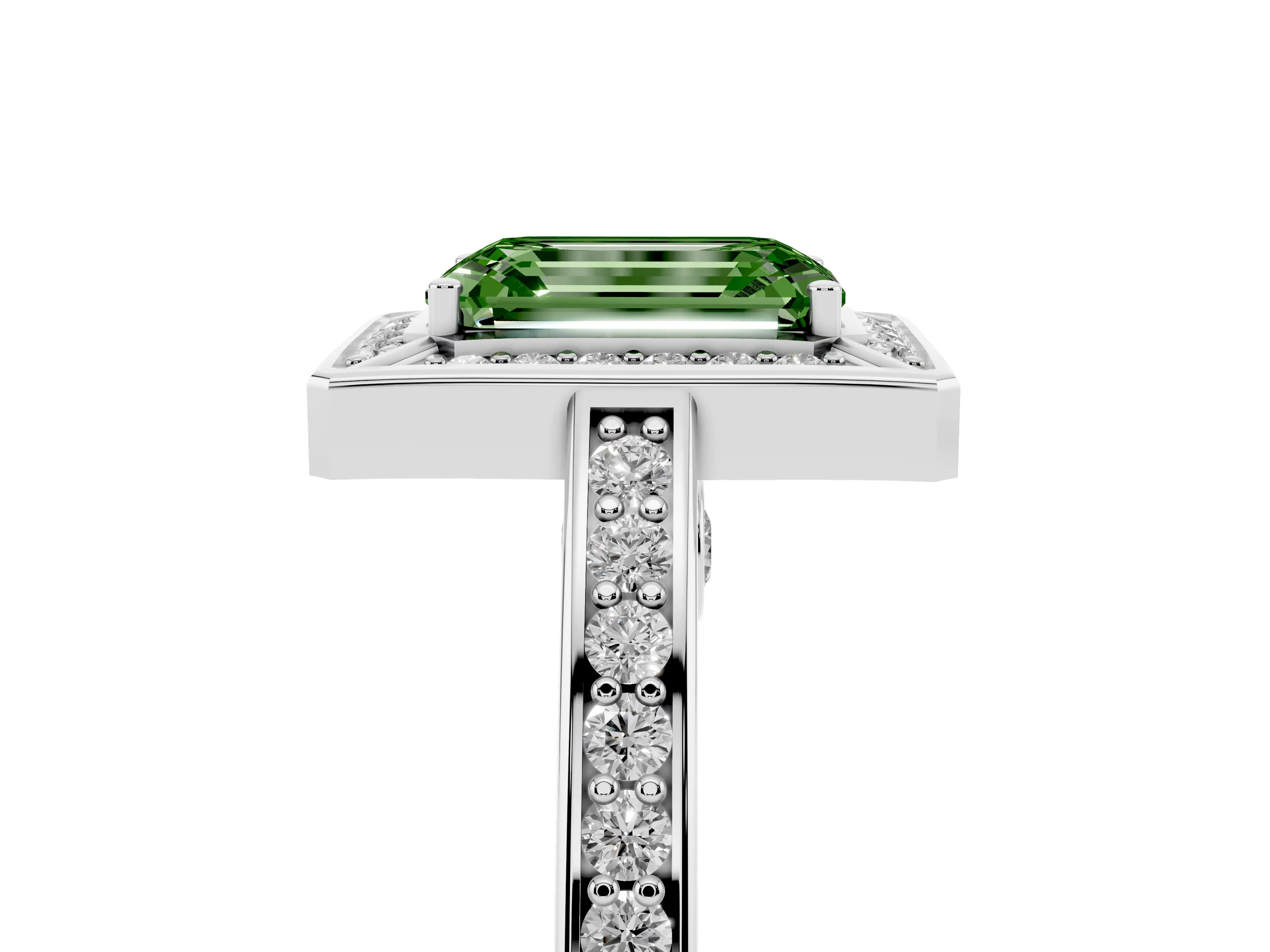 Fancy Green Emerald Cut Diamond Halo Pavé Split Shank Ring Set in Silver with Prong Setting