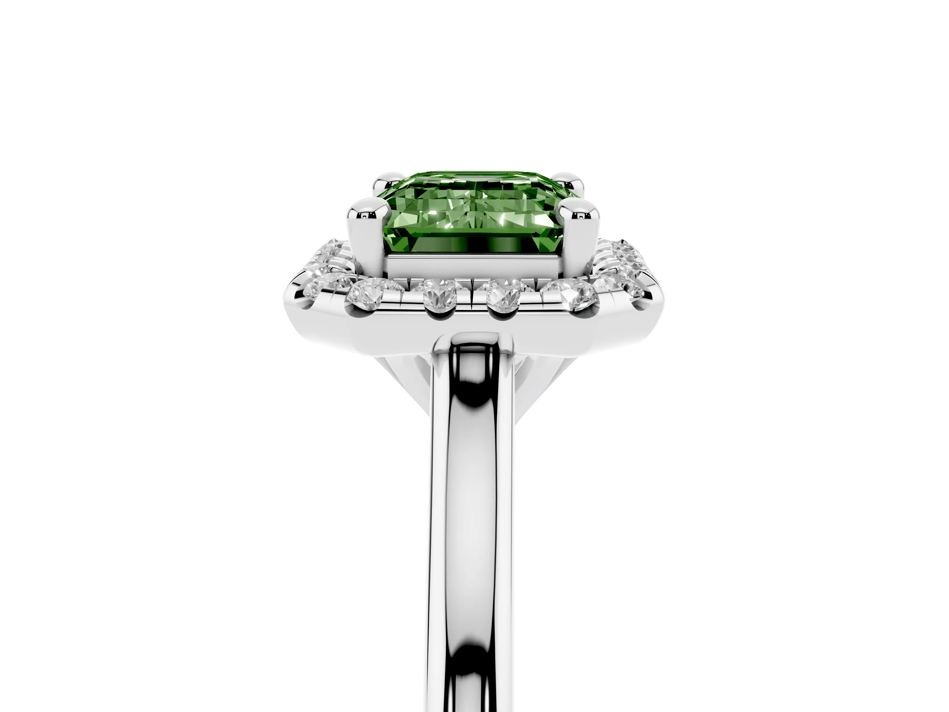 Fancy Green Emerald Cut Diamond Halo Engagement Ring Set in White gold with Pavé Band and Rising Shoulders