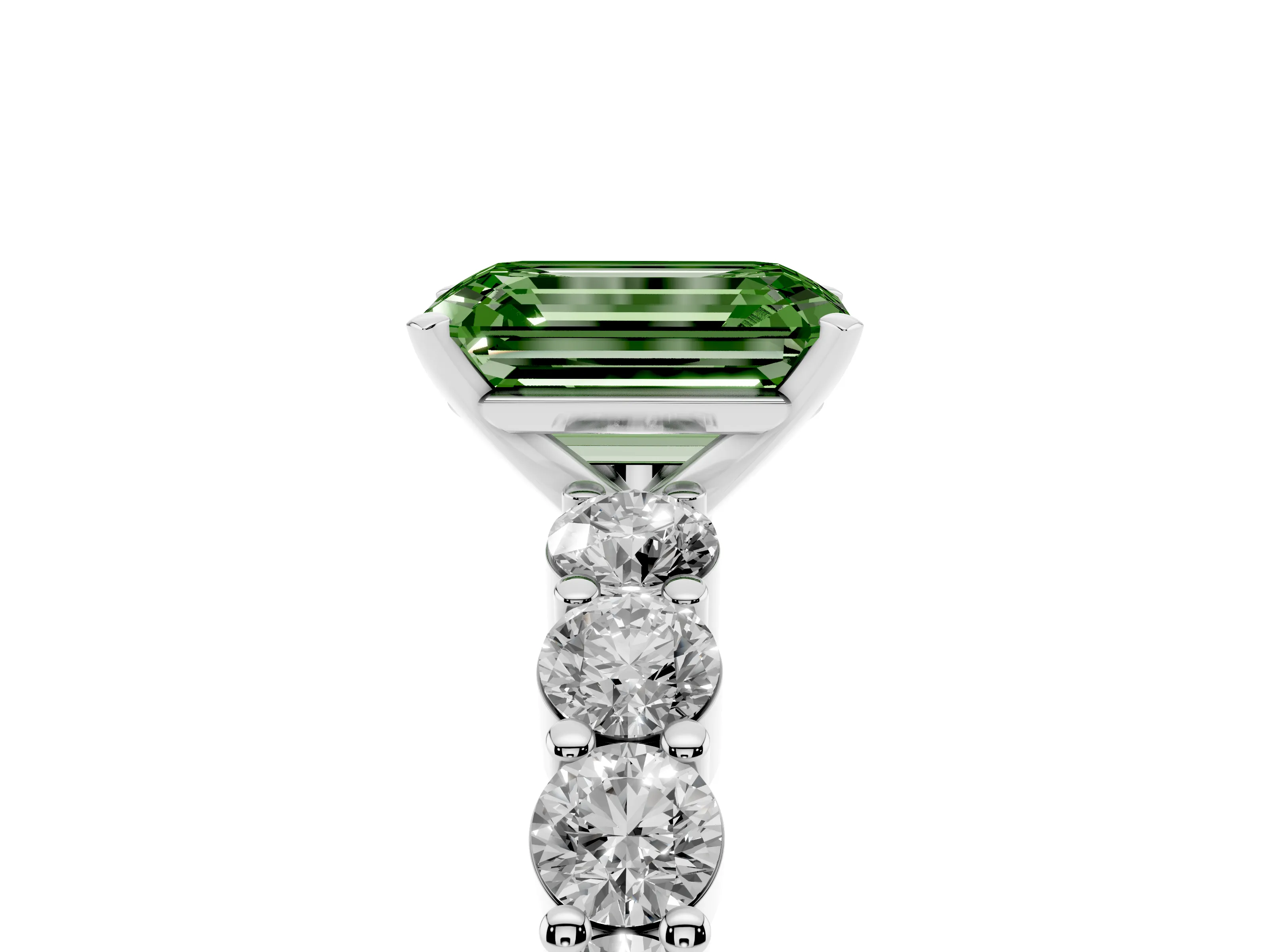 Fancy Green Emerald Cut Diamond Solitaire Ring Set in White gold with Shared Prong Round Side Stones