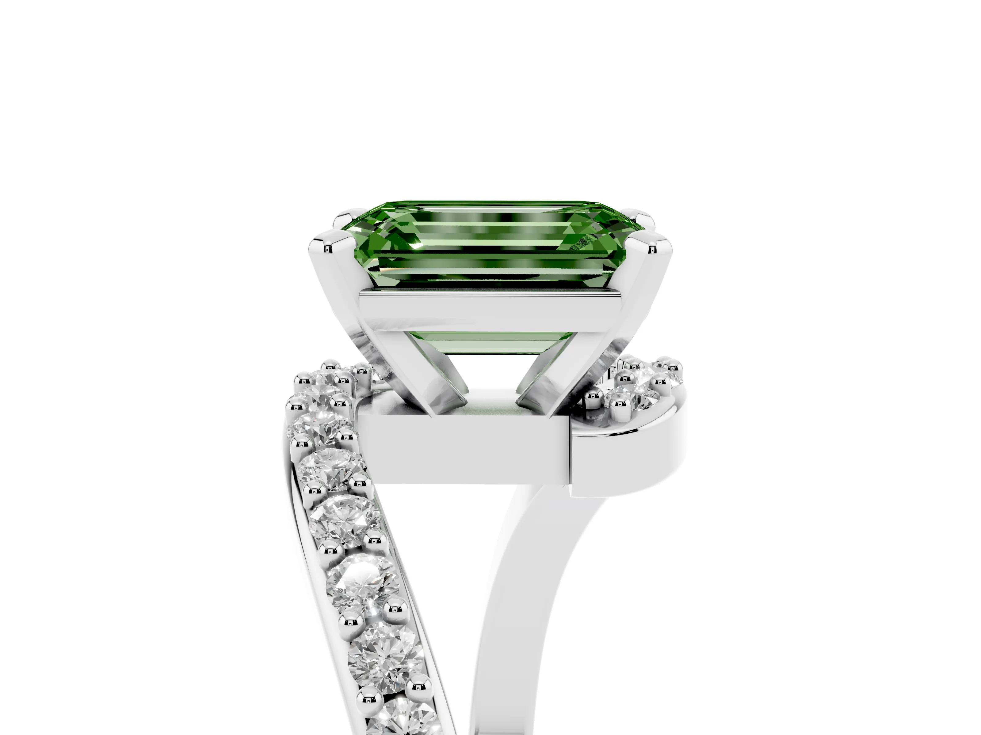Fancy Green Emerald Cut Diamond Solitaire Ring Set in White gold with Pavé Twist Band and Prong Setting