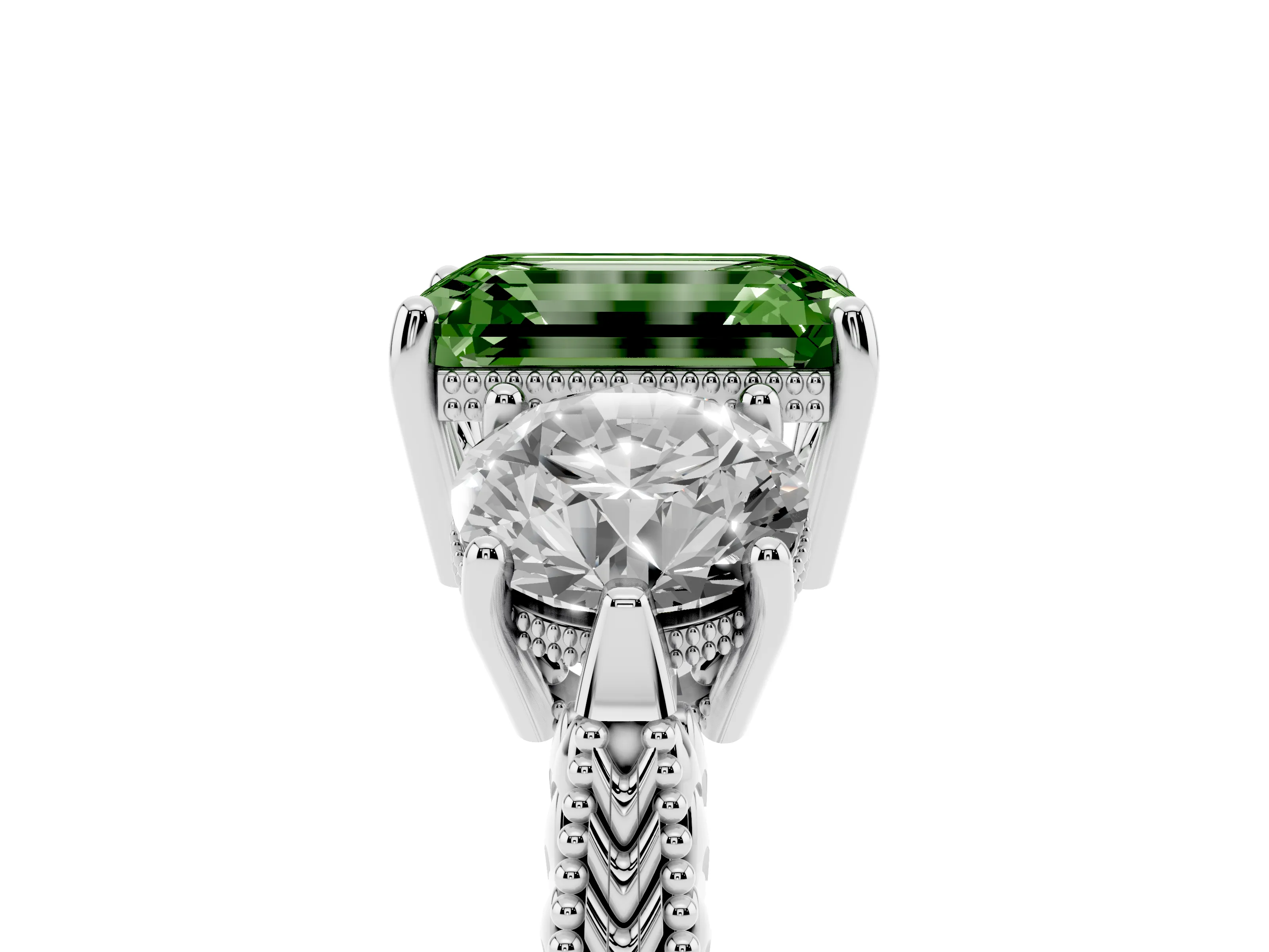 Fancy Green Emerald Cut Diamond Three-Stone Ring Set in Silver with Milgrain Band
