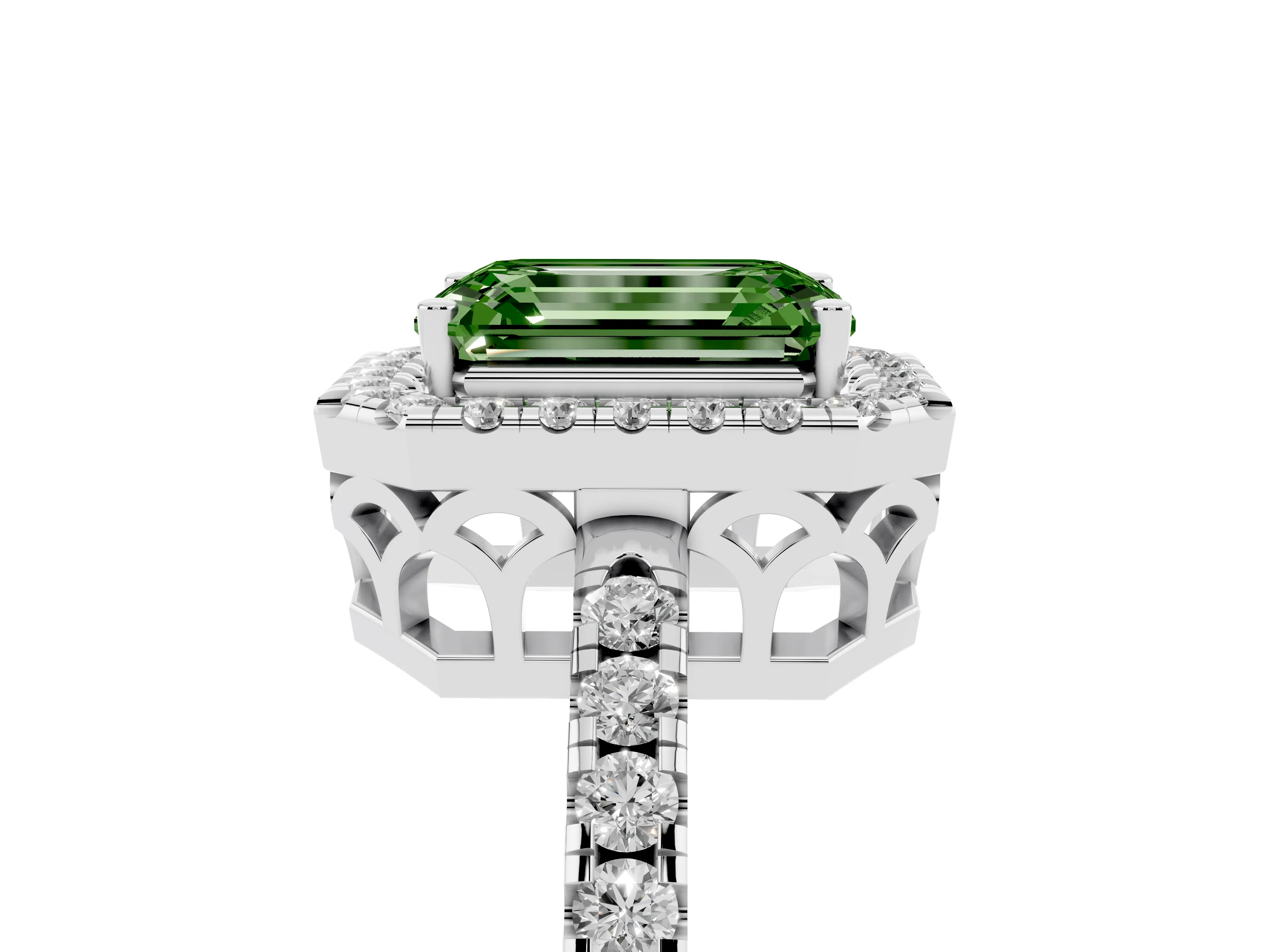 Fancy Green Emerald Cut Diamond Pavé Band Halo Engagement Ring Set in Silver with Prong Setting