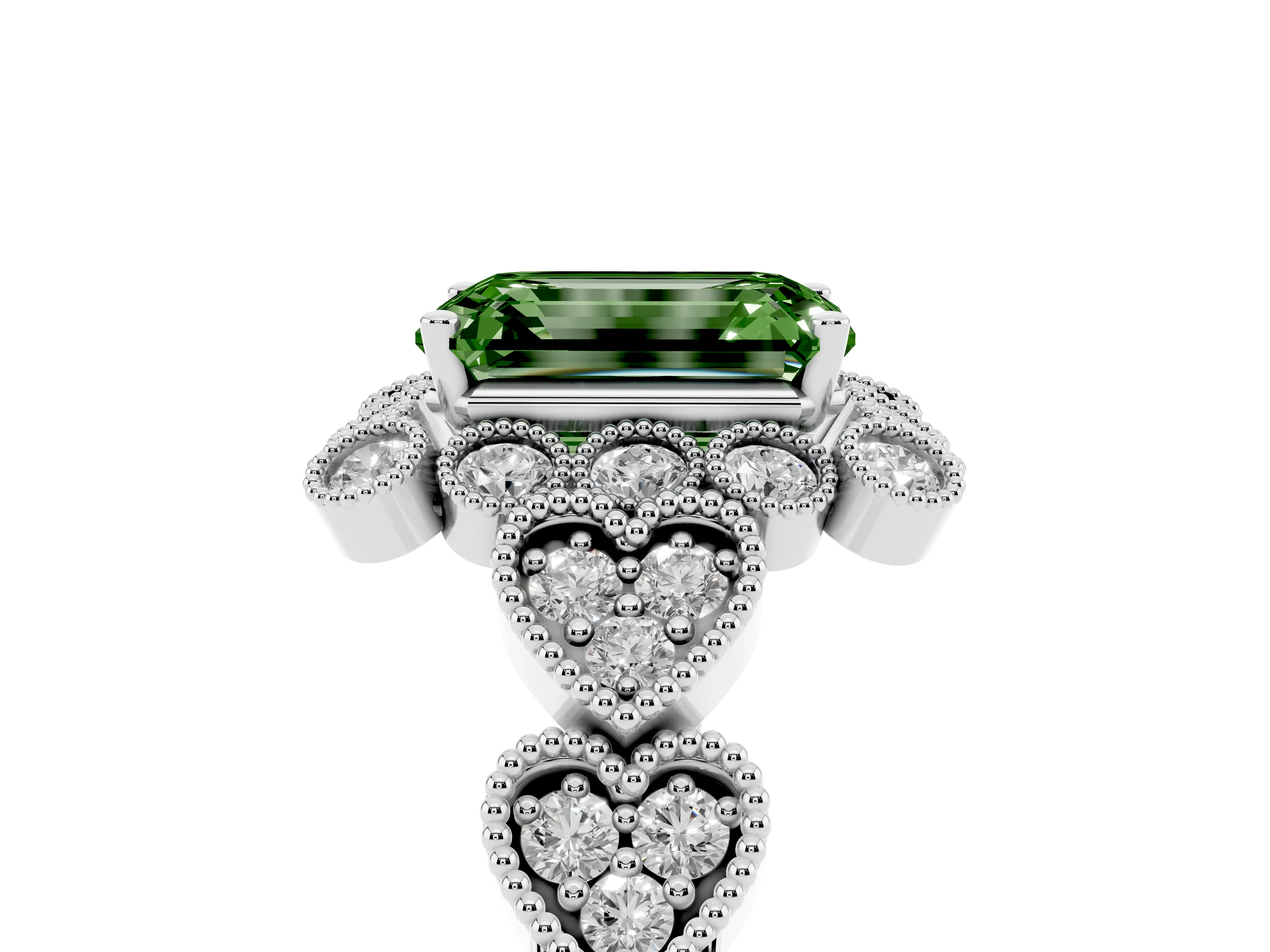 Fancy Green Emerald Cut Diamond Solitaire Ring Set in Silver with Milgrain Pavé Heart Band