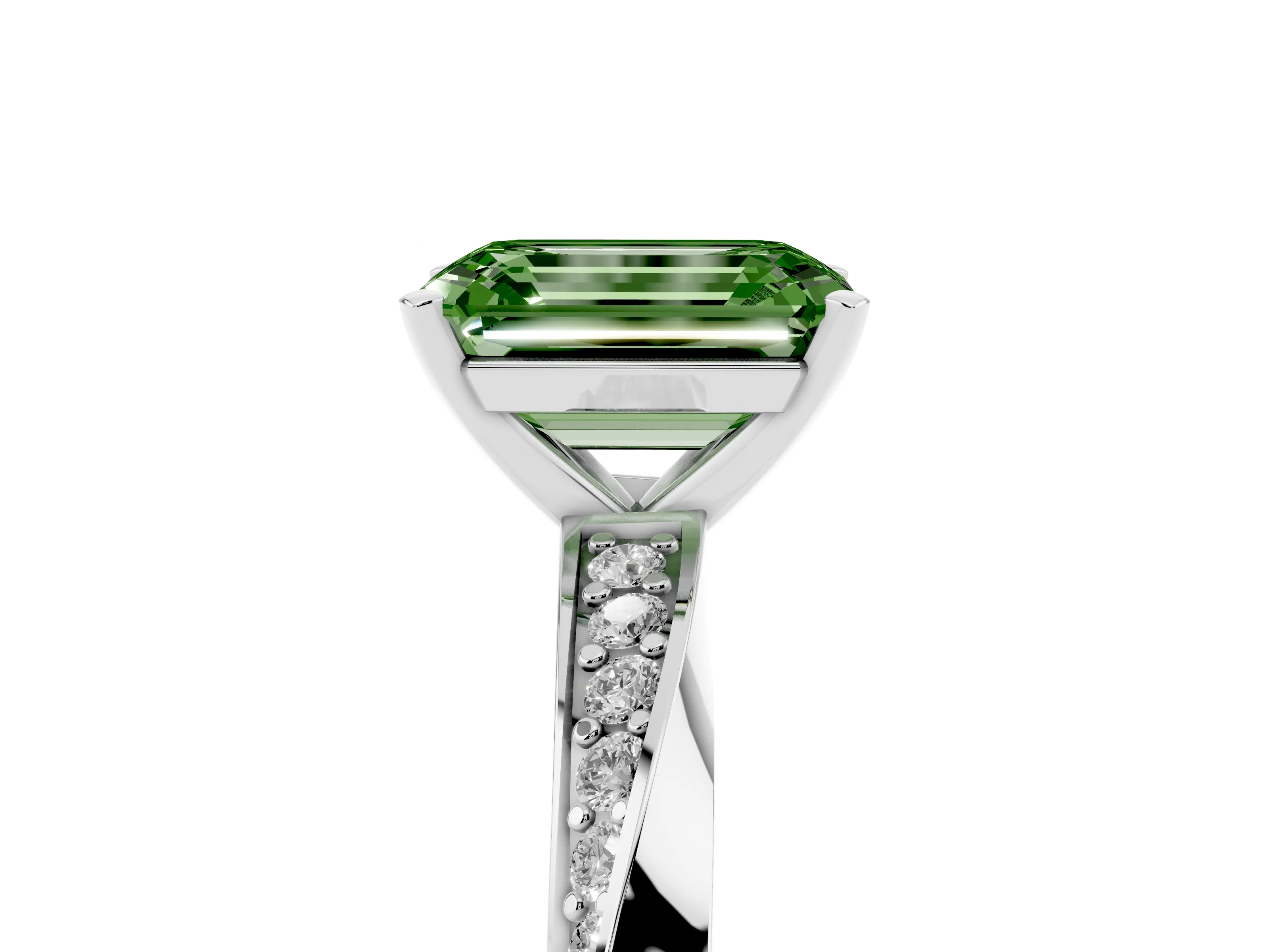 Fancy Green Emerald Cut Diamond Engagement Ring Set in White gold with Side Stone Accents and Prong Setting