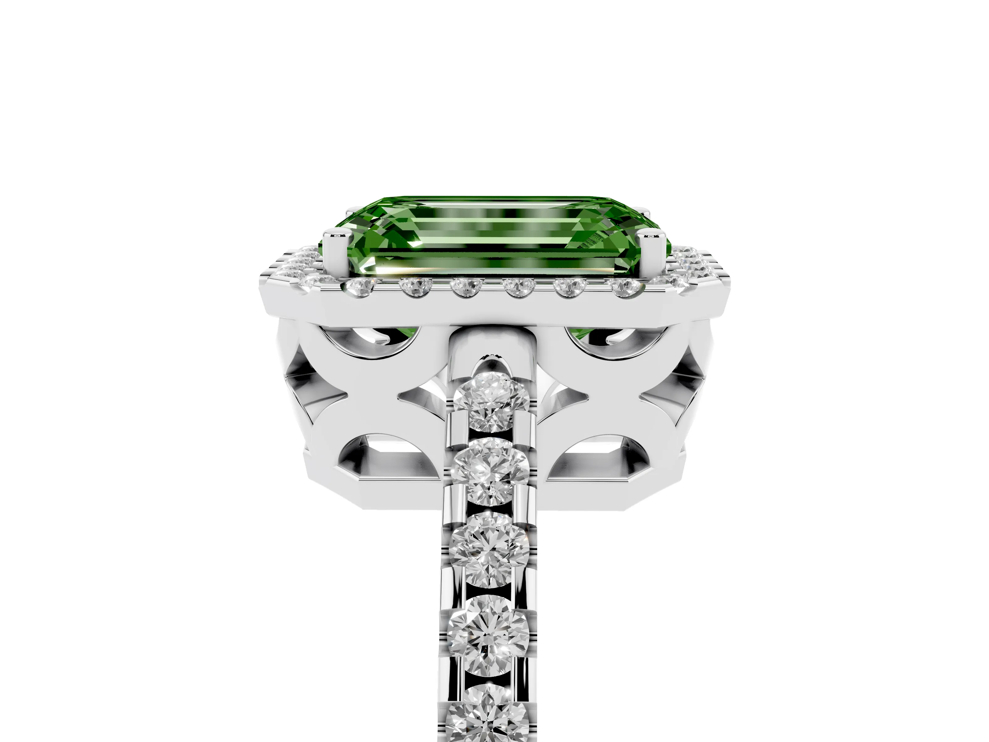 Fancy Green Emerald Cut Diamond Halo Ring Set in White gold with Pavé Shoulders and Halo-Framed Center