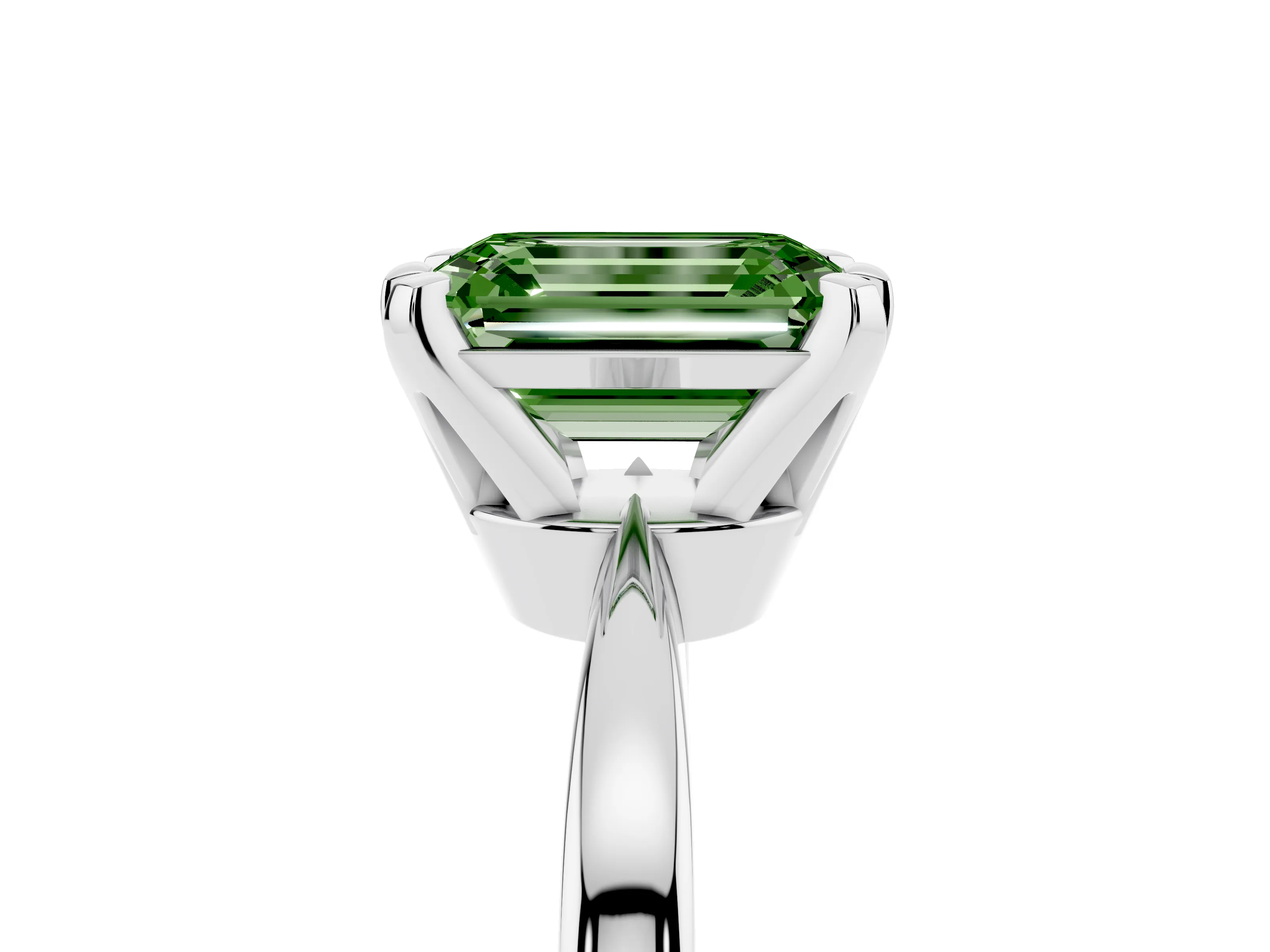 Fancy Green Emerald Cut Diamond Solitaire Engagement Ring Set in White gold with Slim Tapered Solitaire Band