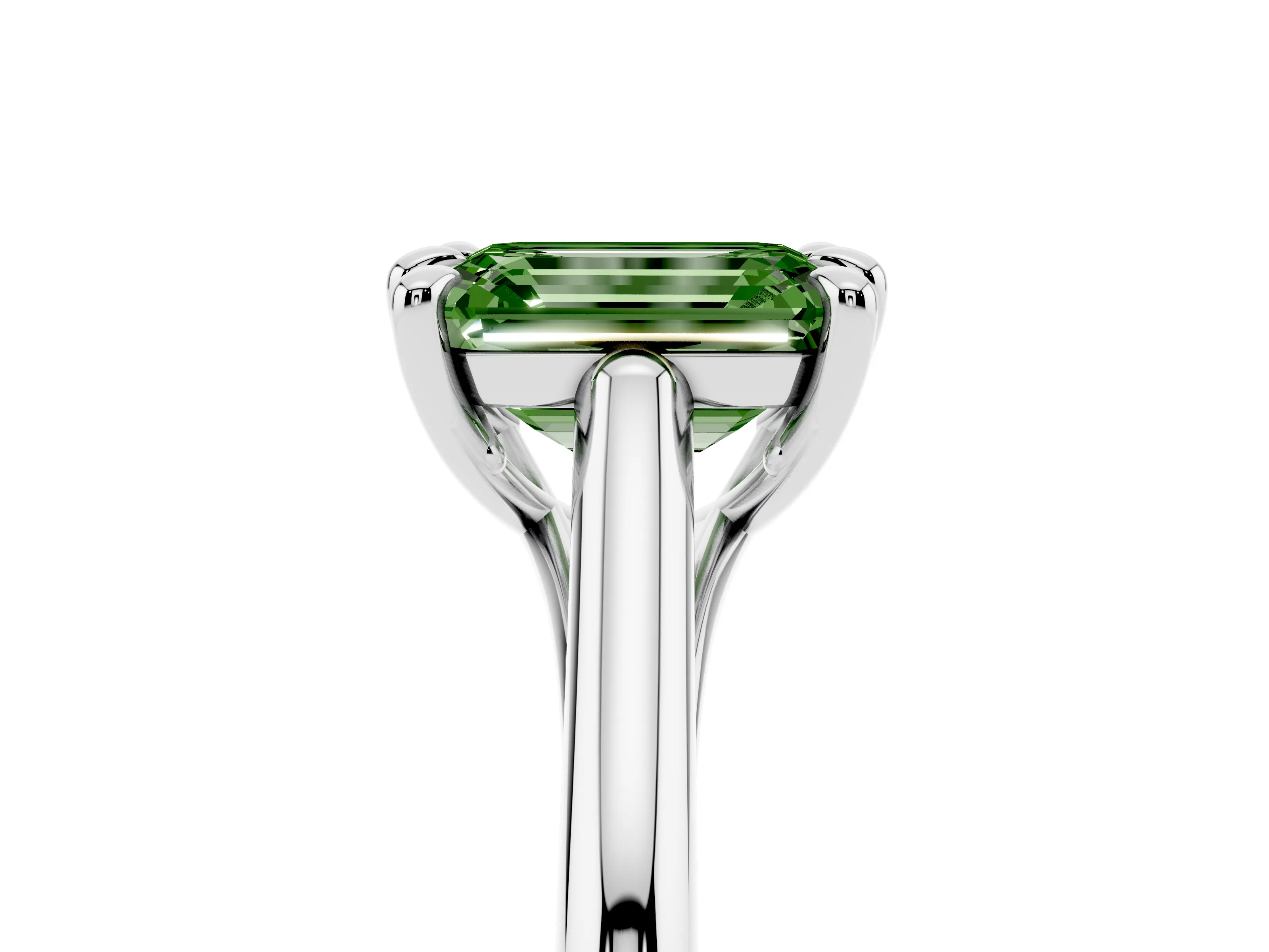 Fancy Green Emerald Cut Diamond Solitaire Engagement Ring Set in Silver with Prong Setting and Plain Classic Band