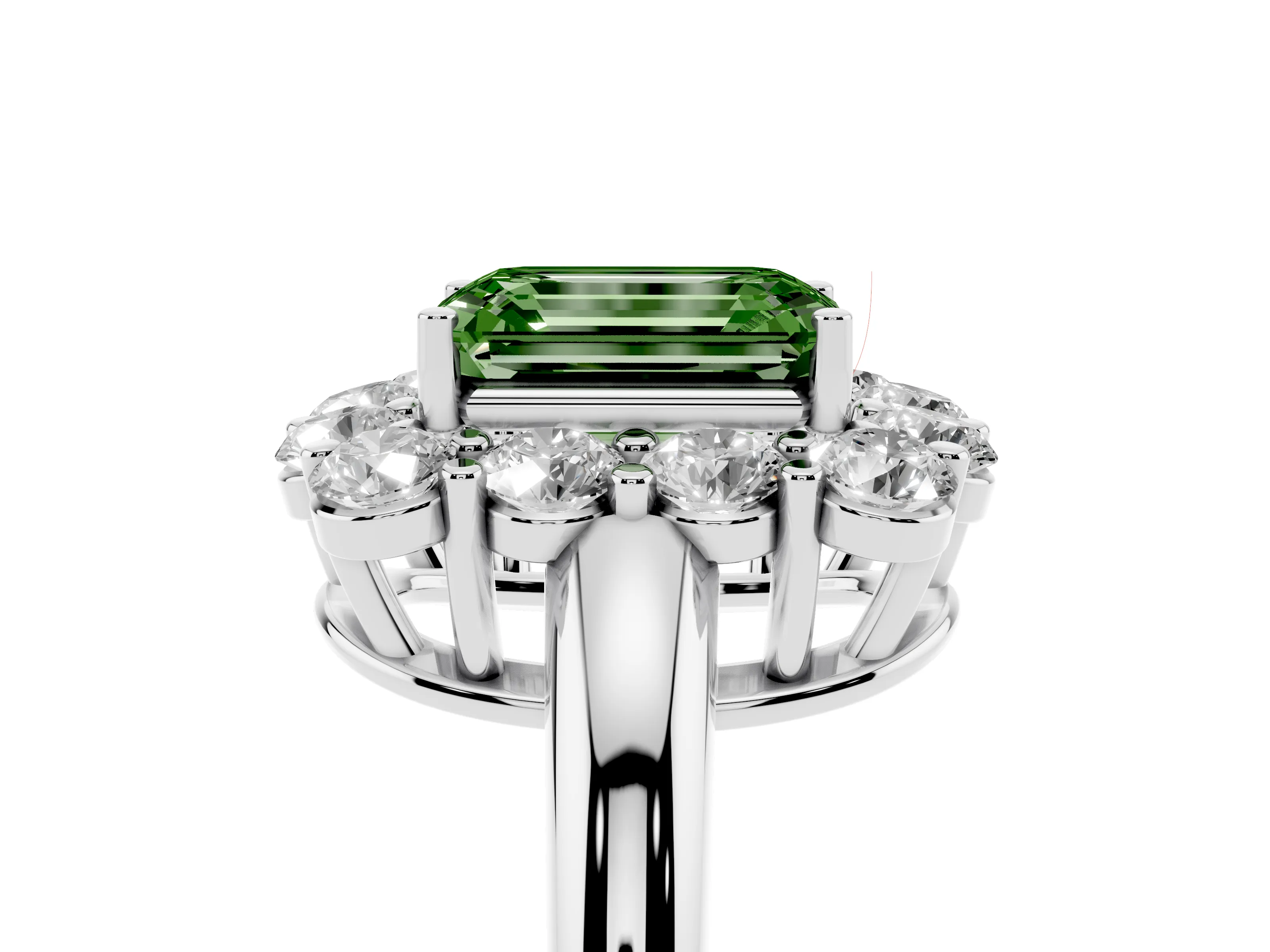Fancy Green Emerald Cut Diamond Halo Cluster Engagement Ring Set in Silver with Polished Band and Prong Setting