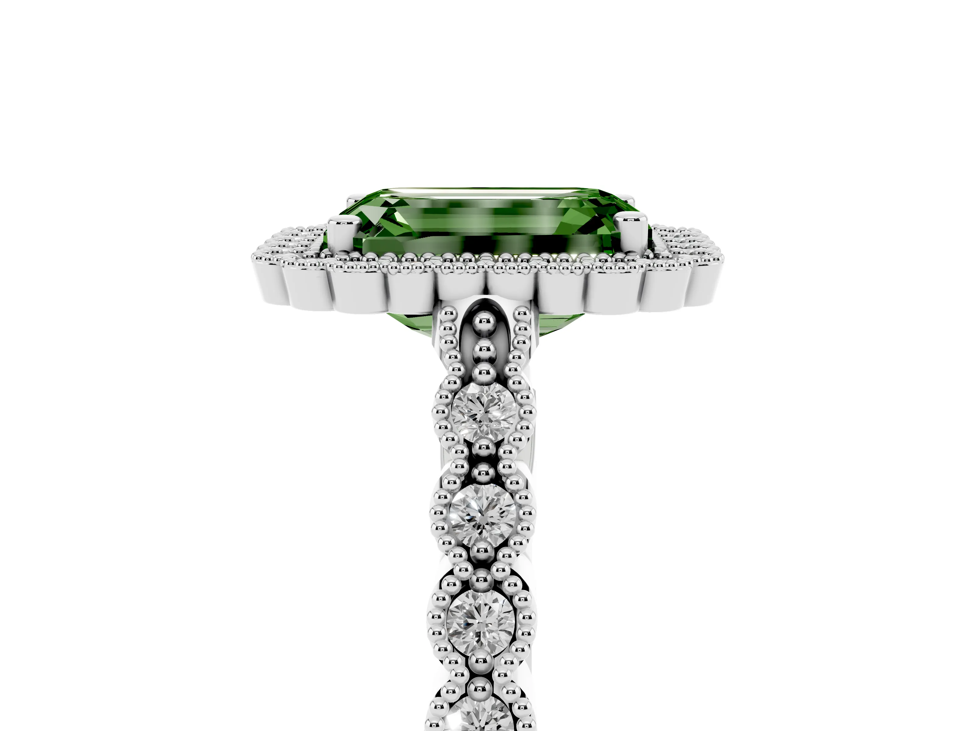 Fancy Green Emerald Cut Diamond Halo Ring Set in White gold with Pavé Milgrain Band