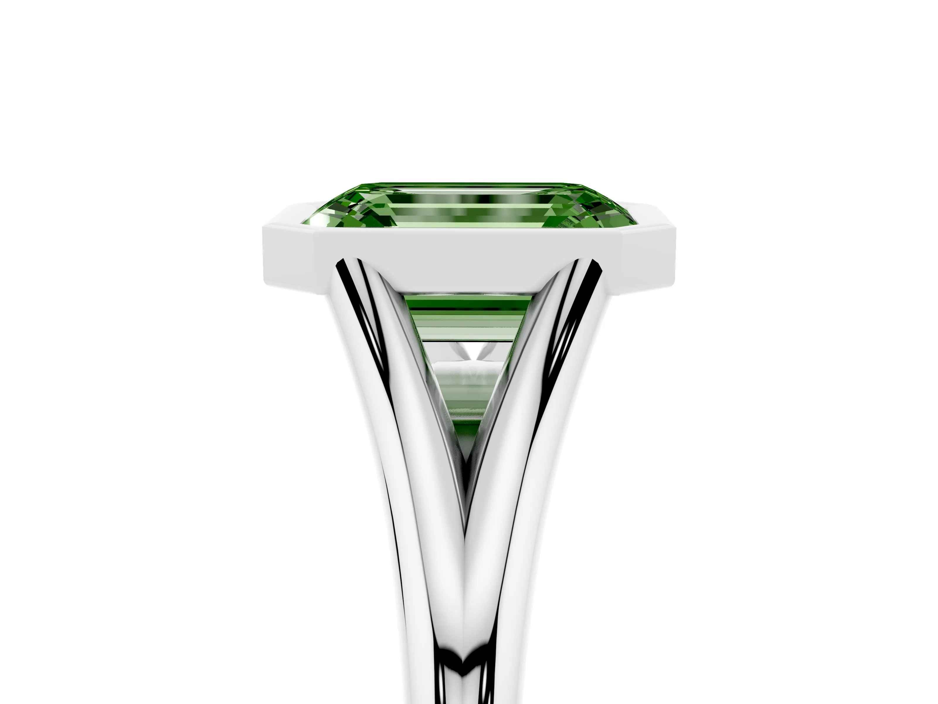 Fancy Green Bezel Set Emerald Cut Diamond Solitaire Ring Set in Platinum with Tapered Band
