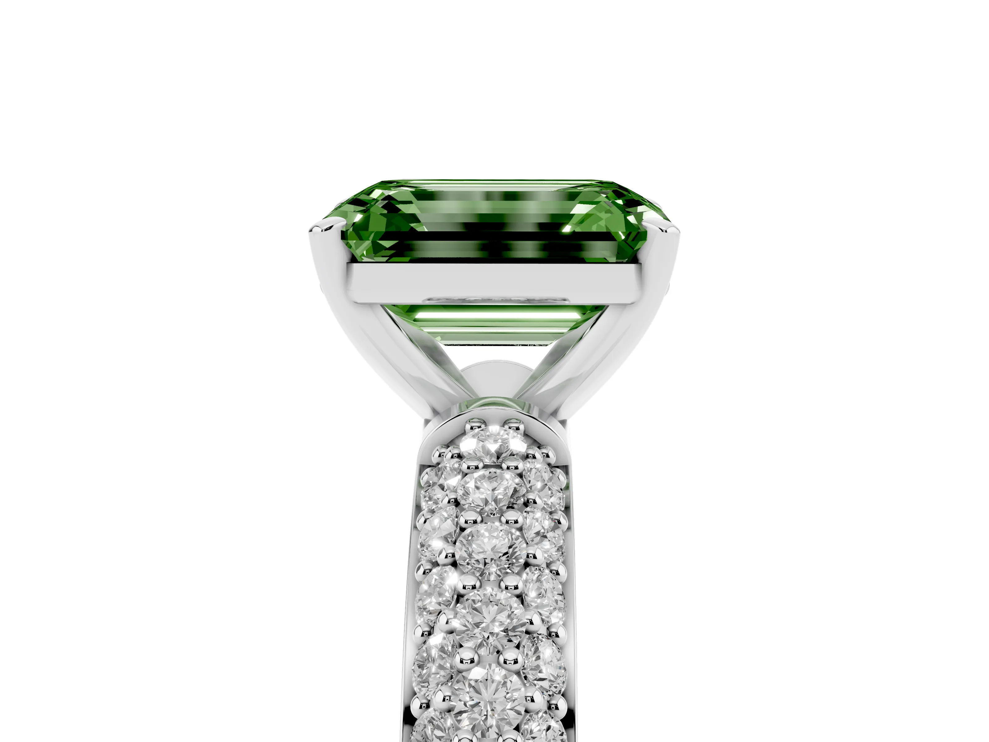 Fancy Green Emerald Cut Diamond Solitaire Ring Set in Platinum with Prong Setting and Pavé-Set Band