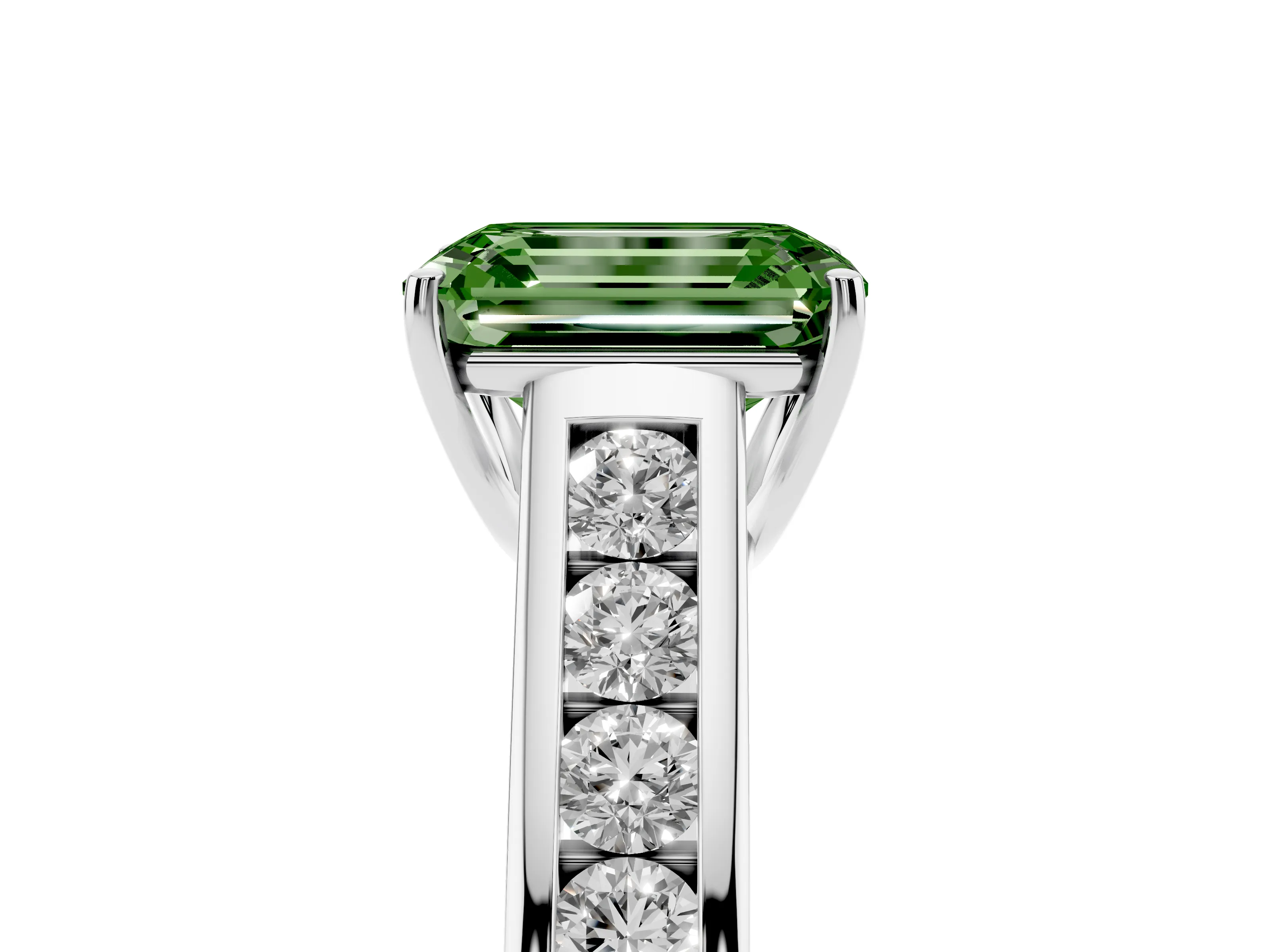 Fancy Green Emerald Cut Diamond Brilliant Channel-Set Solitaire Ring Set in Silver with Prong Setting