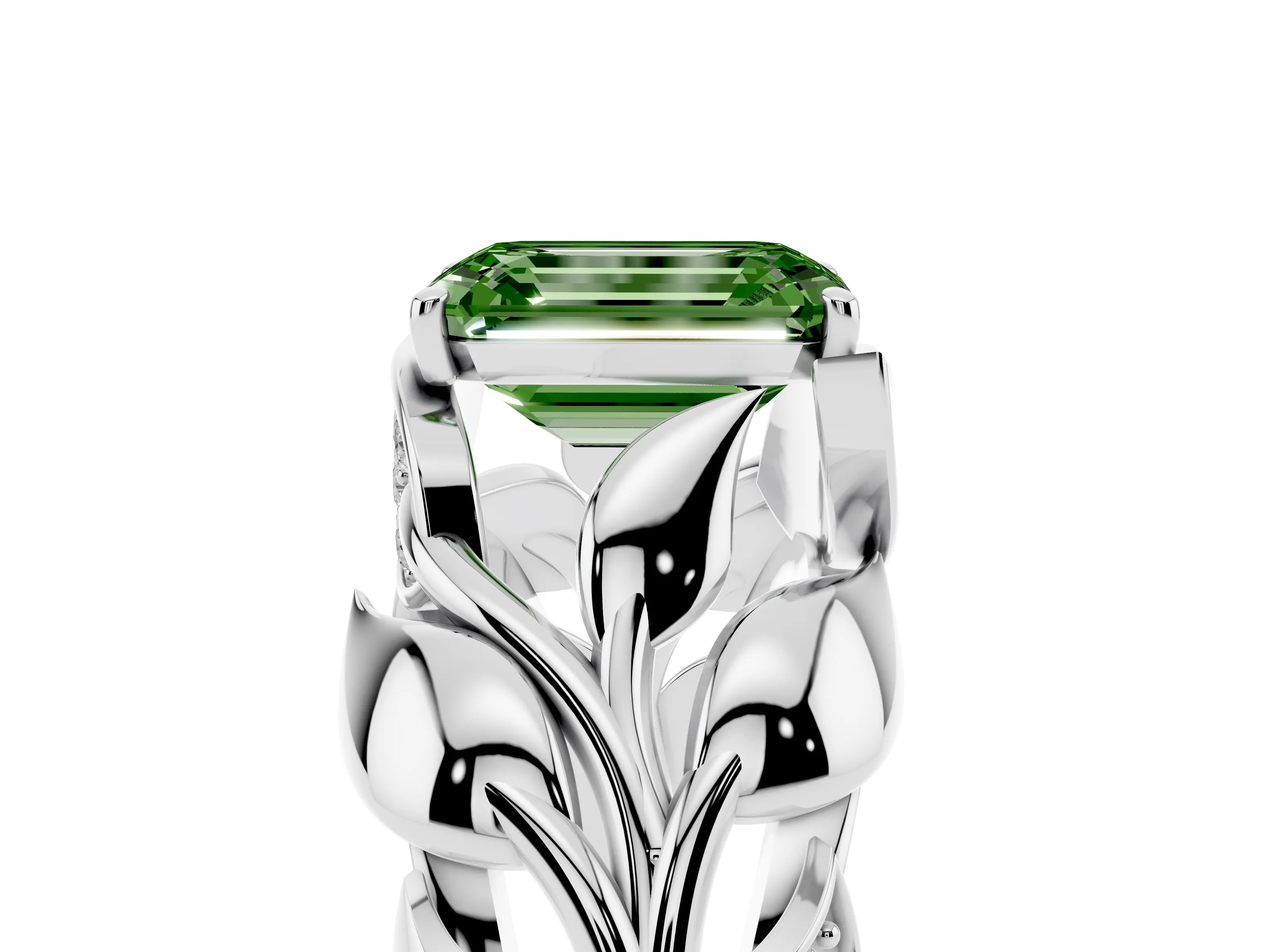 Fancy Green Emerald Cut Diamond Leaf-Inspired Engagement Ring Set in White gold with Round Accents