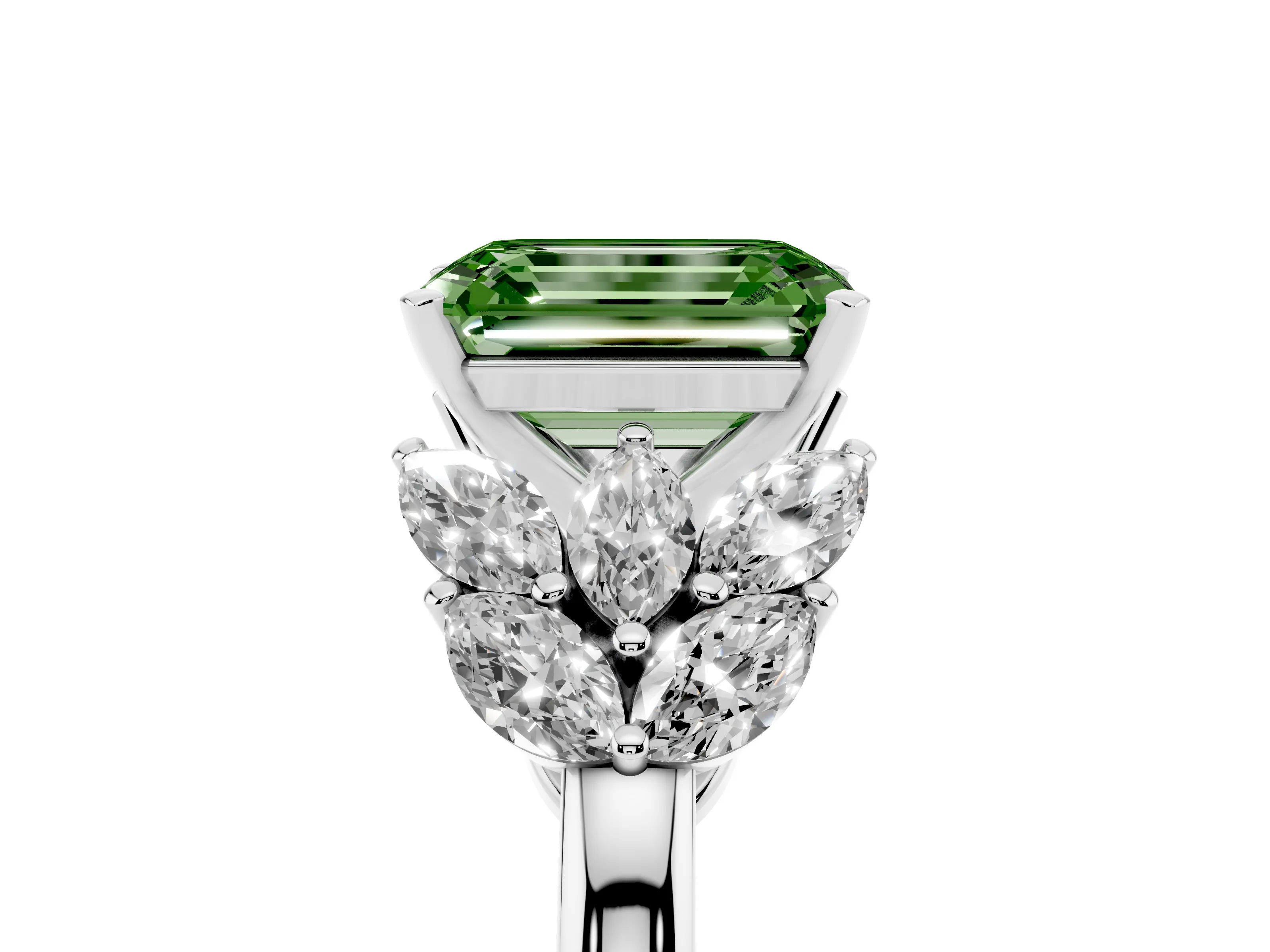 Fancy Green Emerald Cut Diamond Cluster Leaf Design Ring Set in Platinum with Prong Setting