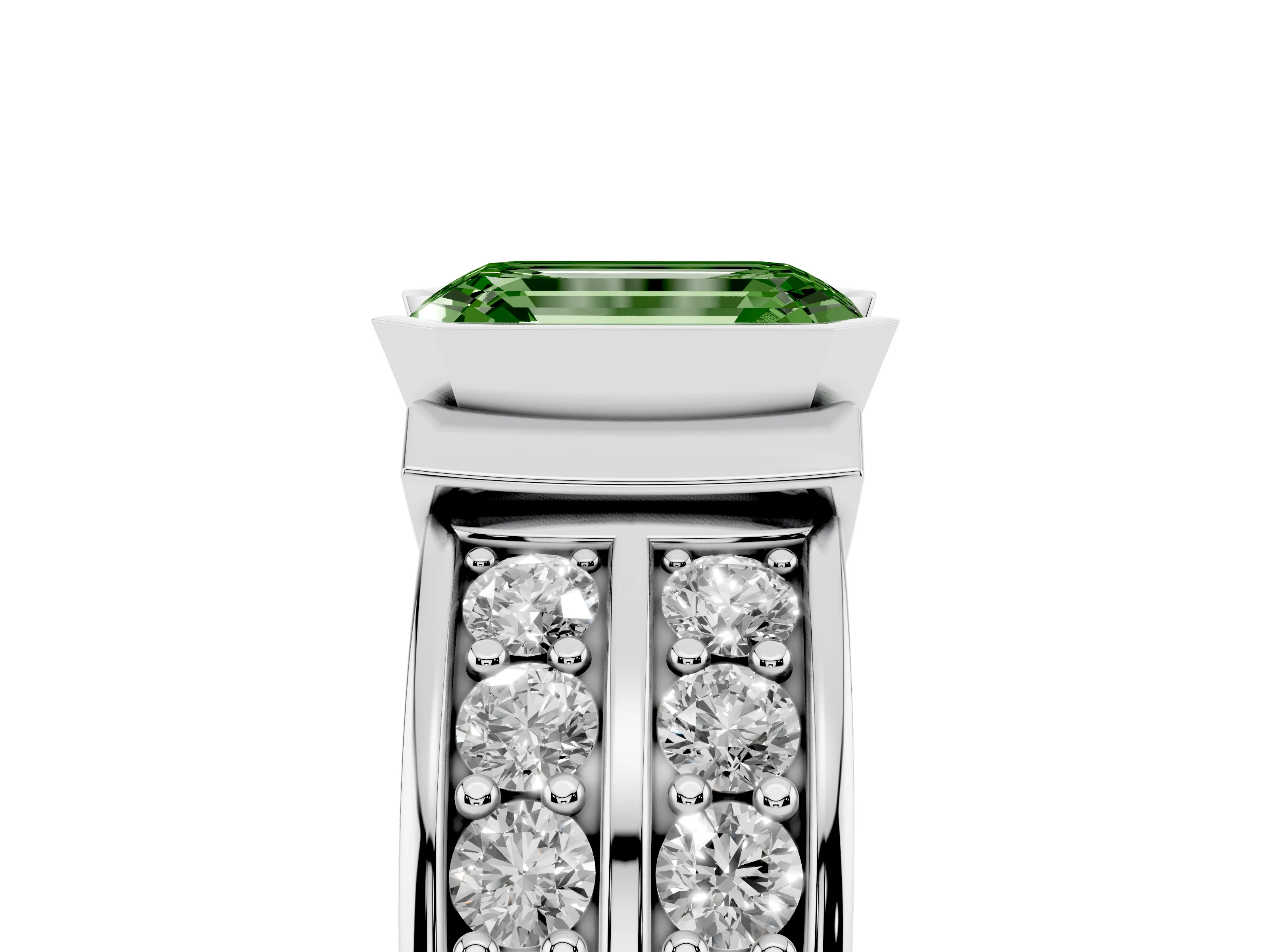 Fancy Green Emerald Cut Diamond Wide Channel Set Band Ring Set in Silver with Bezel Setting
