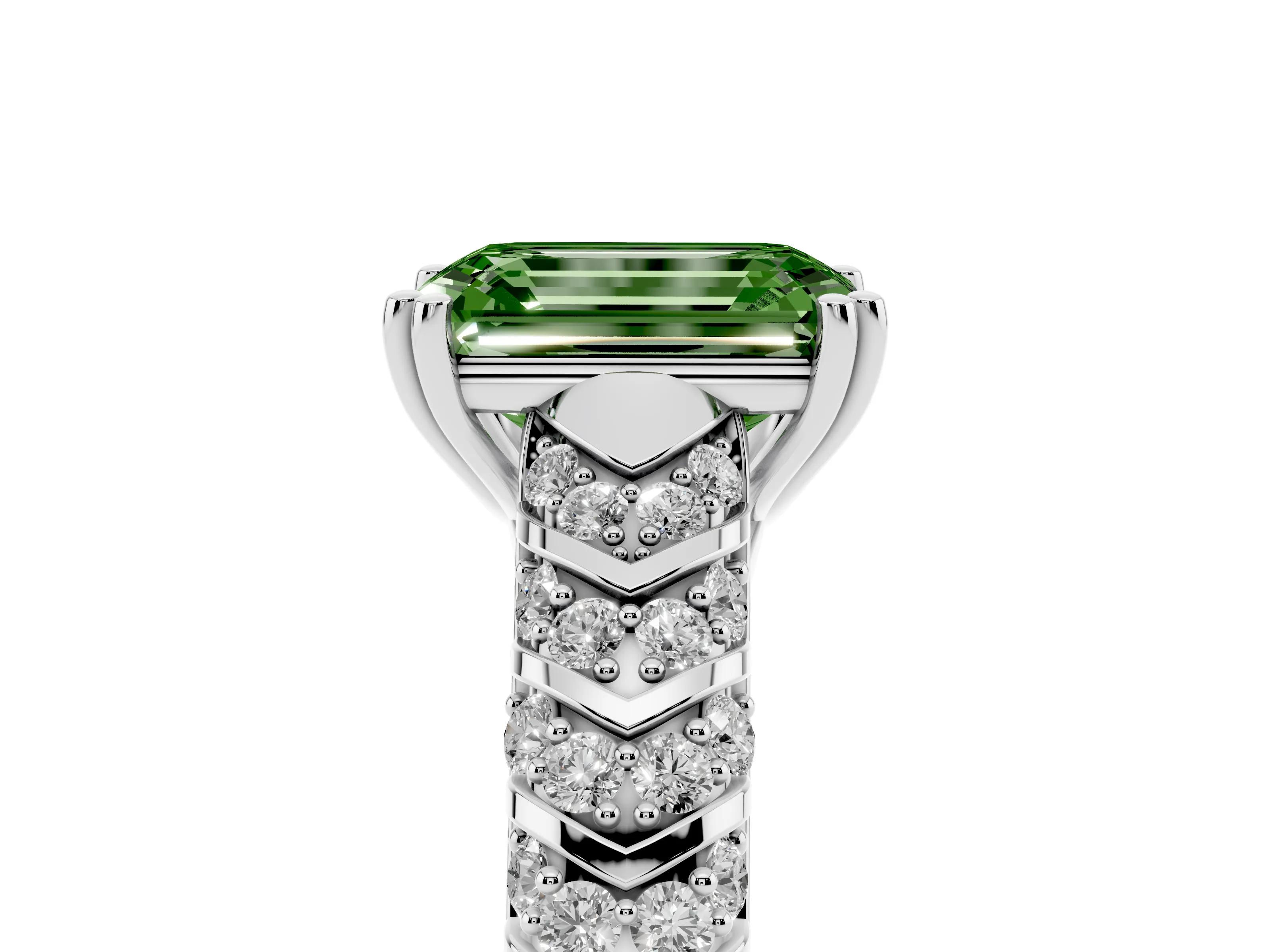 Fancy Green Emerald Cut Diamond Solitaire Chevron Pavé Engagement Ring Set in Silver with Prong Setting