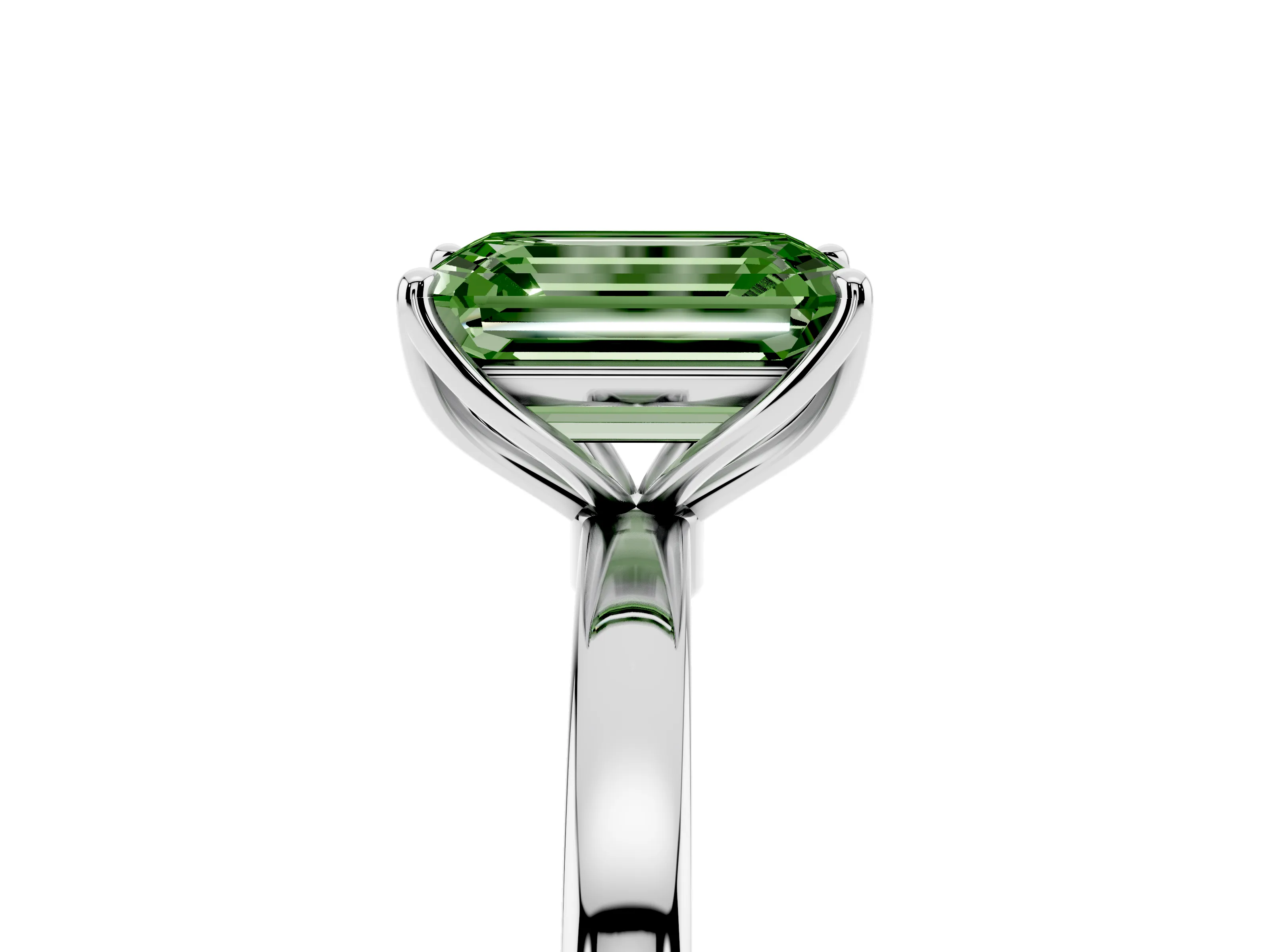 Fancy Green Emerald Cut Diamond Solitaire Ring Set in White gold with Prong Setting and Thin Polished Band