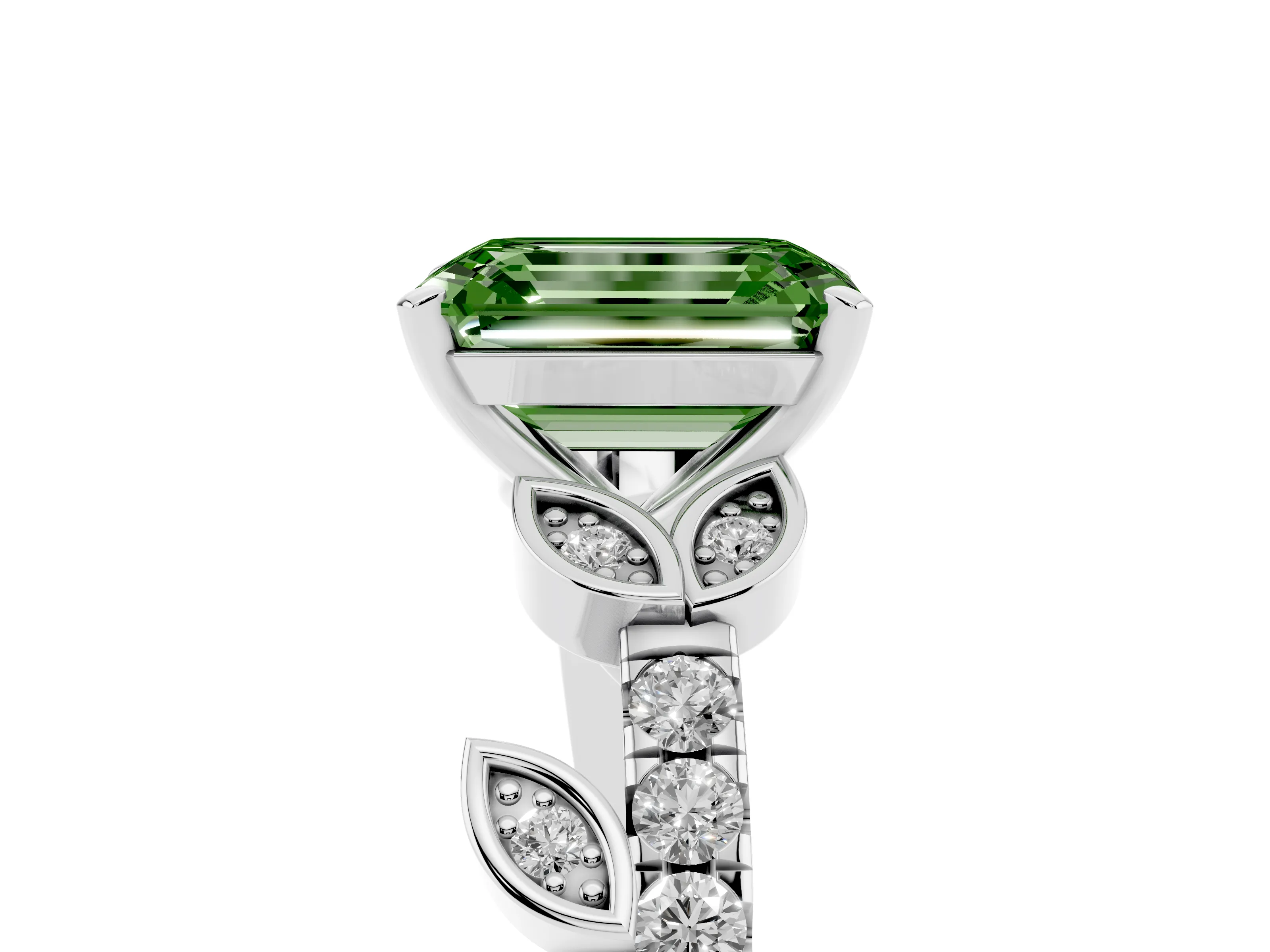 Fancy Green Emerald Cut Diamond Solitaire Leaf-Inspired Ring Set in Silver with Pavé Band and Prong Setting
