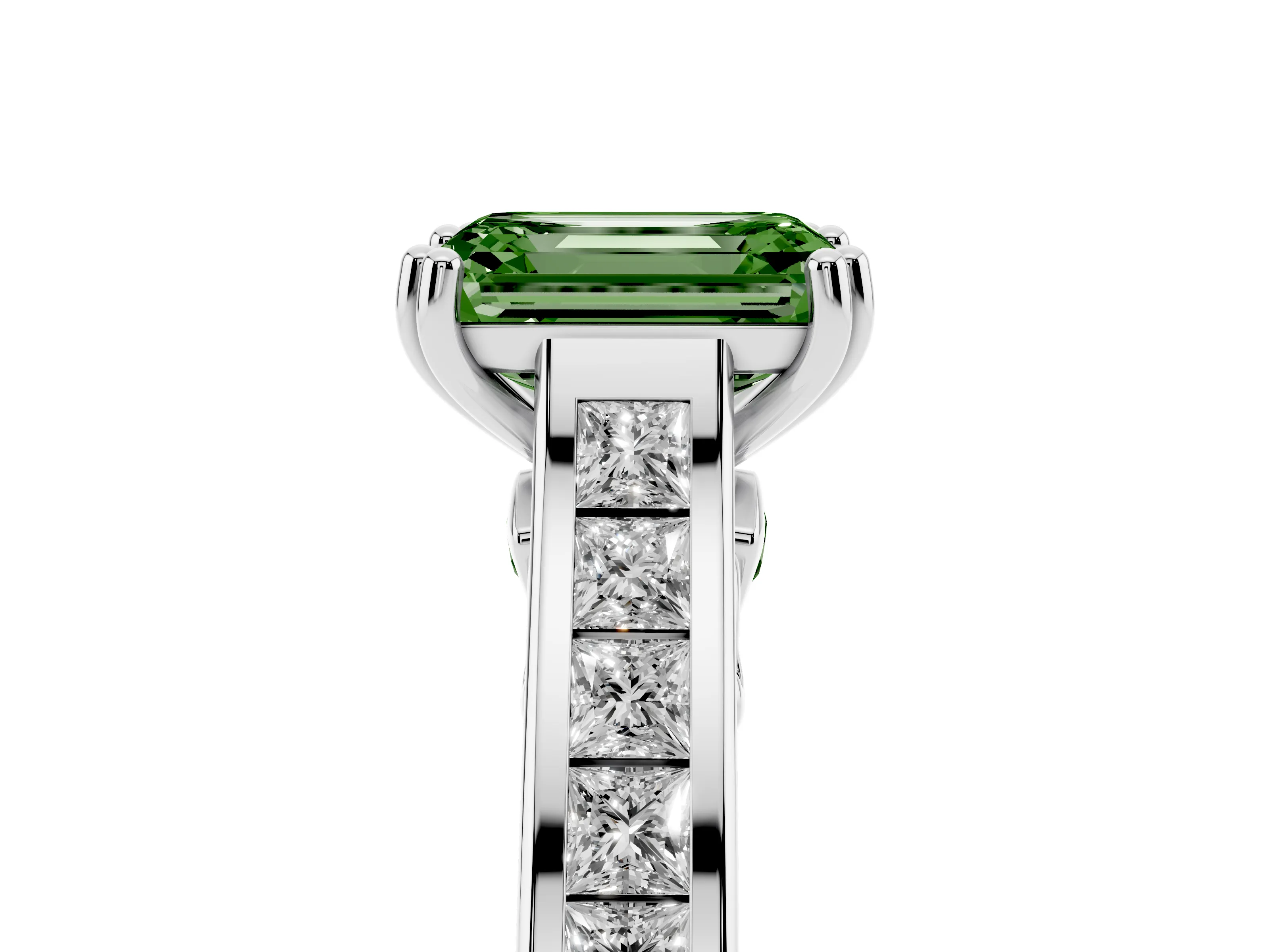 Fancy Green Emerald Cut Diamond Channel Set Solitaire Engagement Ring Set in Platinum with Prong Setting