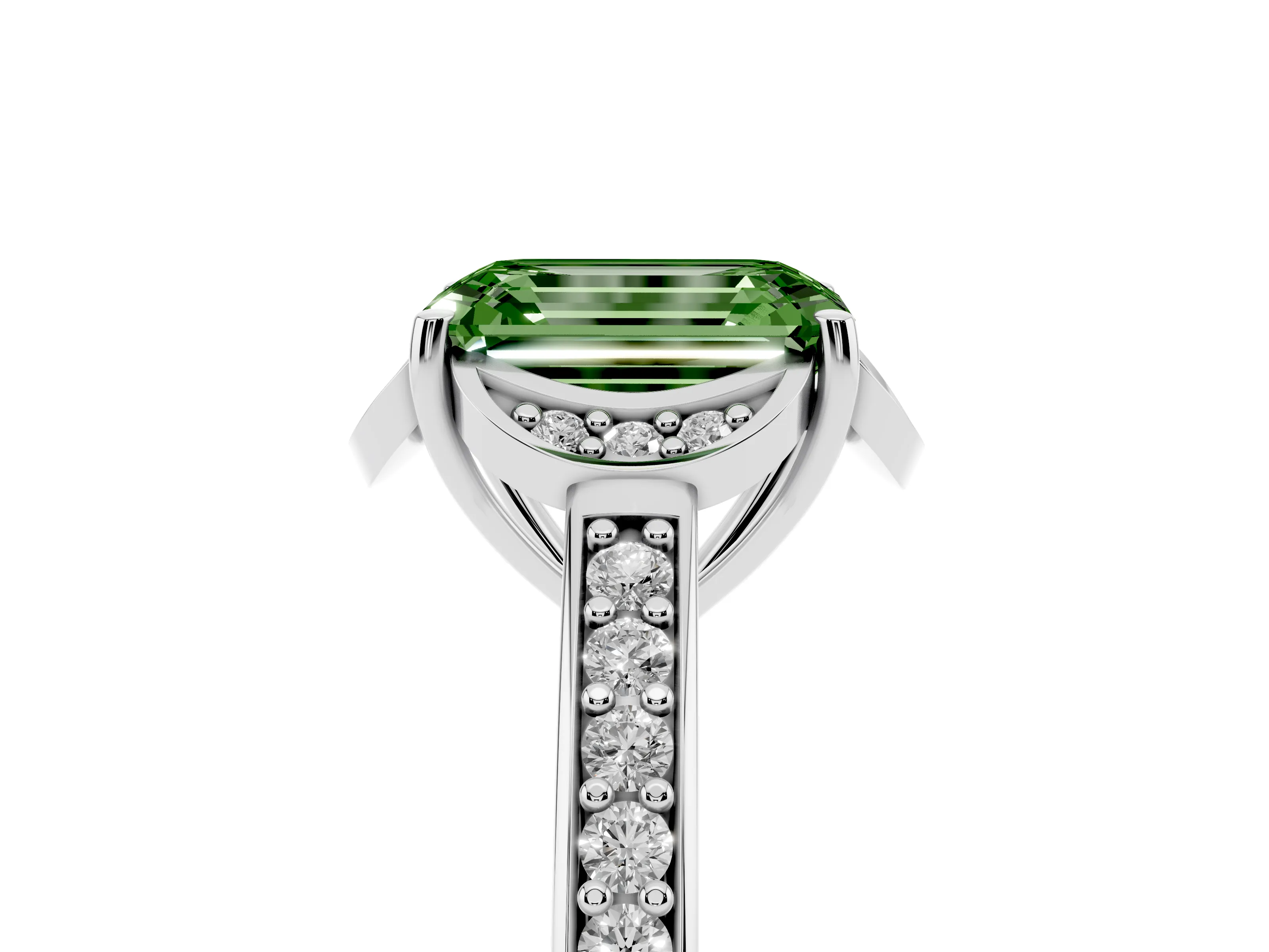 Fancy Green Emerald Cut Diamond Halo Ring Set in Platinum with Channel Set Band and Prong Setting
