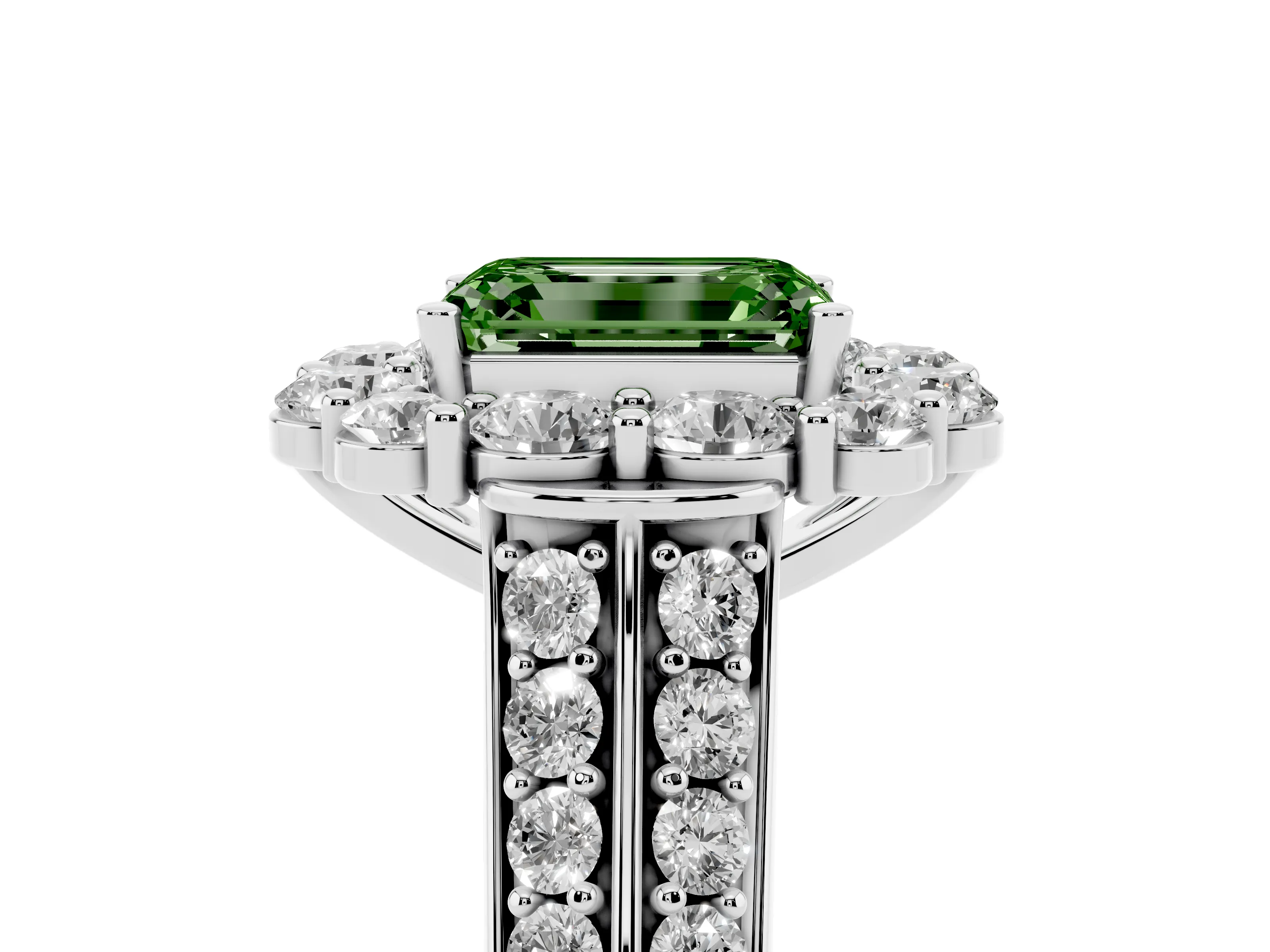 Fancy Green Emerald Cut Diamond Halo Engagement Ring Set in Silver with Split Shank and Prong Setting