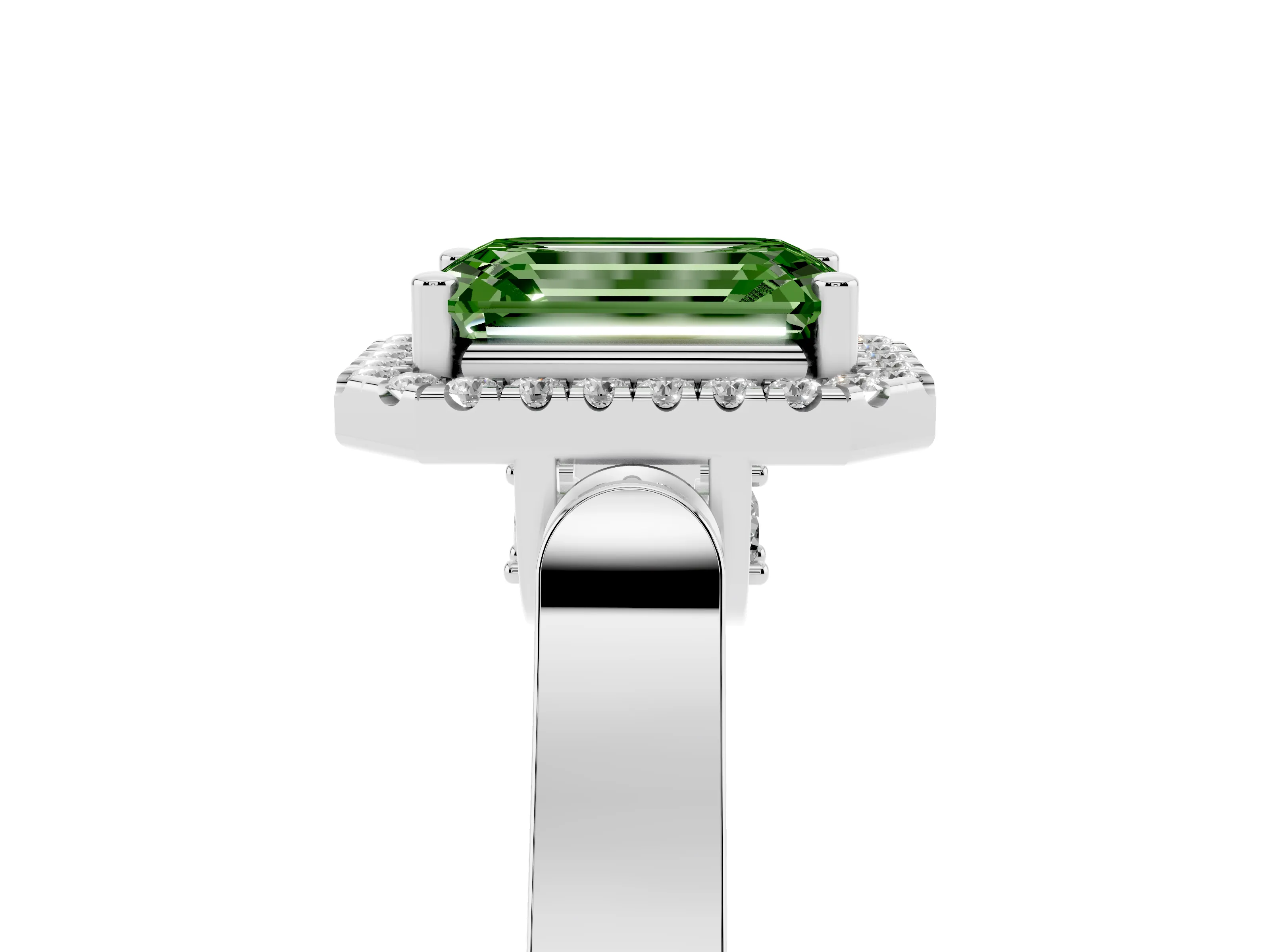 Fancy Green Emerald Cut Diamond Halo Ring Set in Platinum with Pavé-Lined Split Shank Band