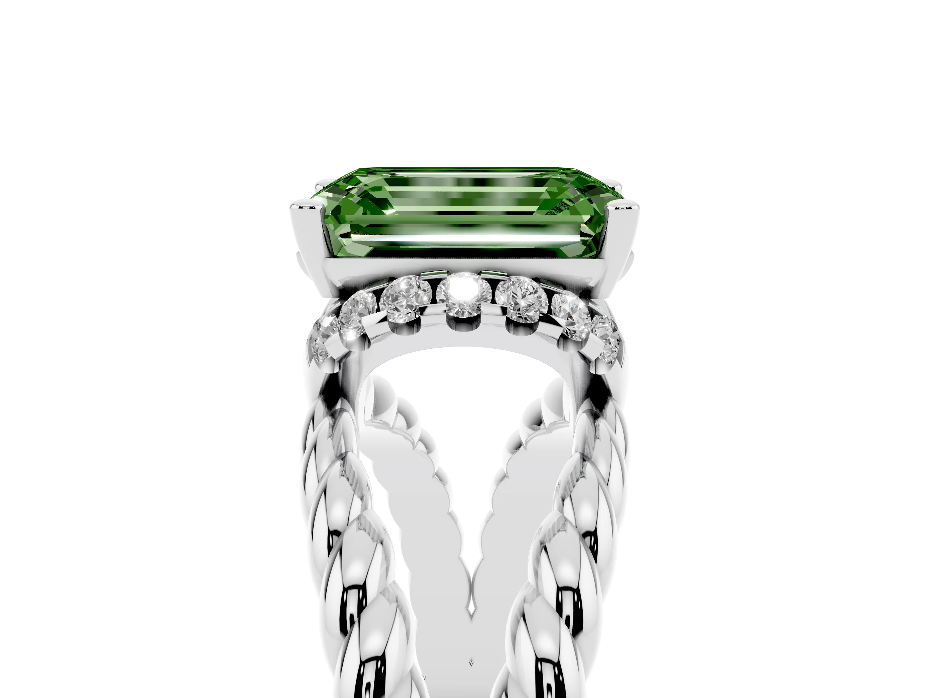 Fancy Green Emerald Cut Diamond Halo Ring Set in White gold with Twisted Band and Prong Setting