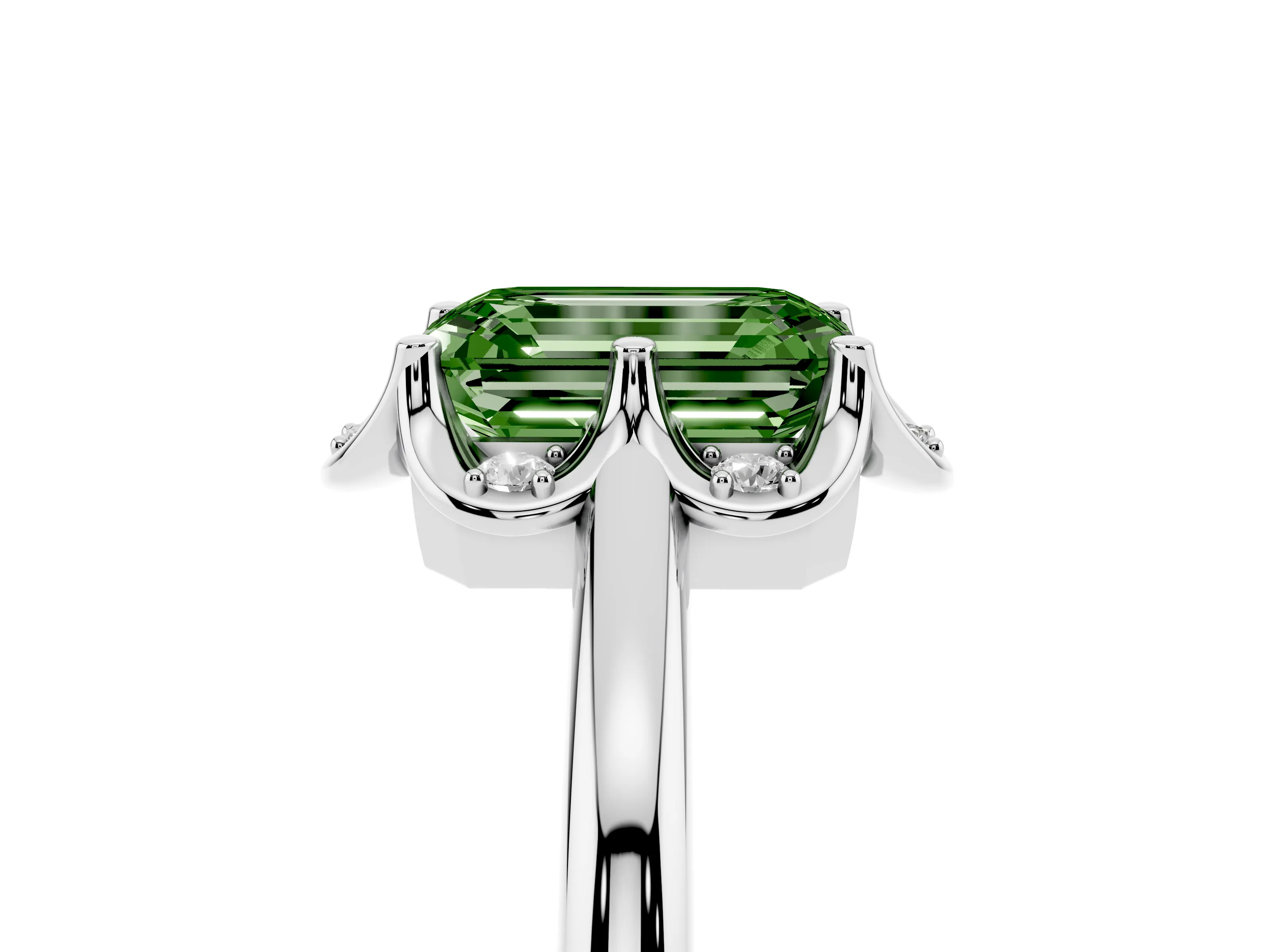 Fancy Green Emerald Cut Diamond Round Cluster Halo Ring Set in Platinum with Solitaire Band and Prong Setting