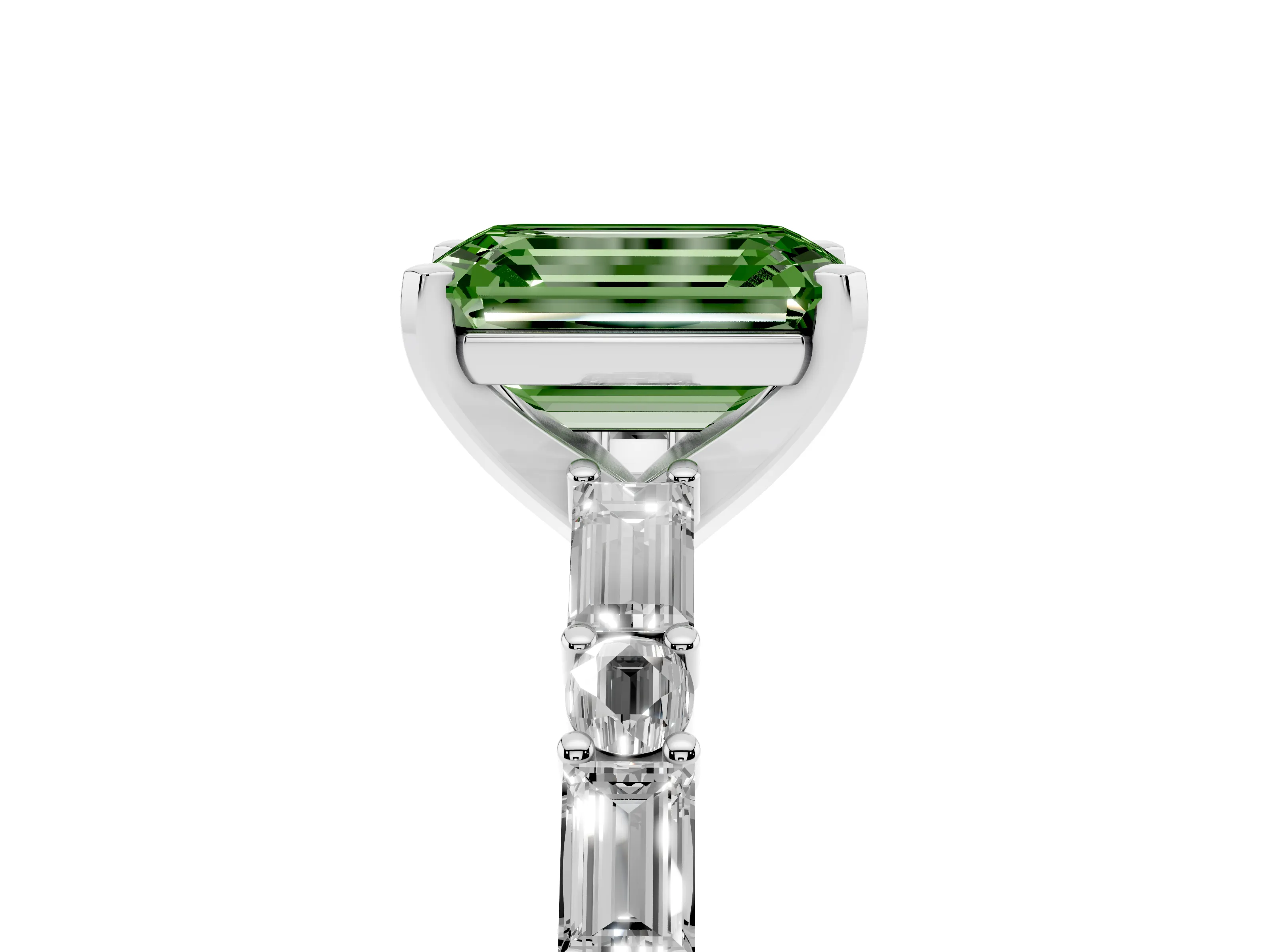 Fancy Green Emerald Cut Diamond Solitaire Set in Platinum with Side Baguettes and Channel Set Band