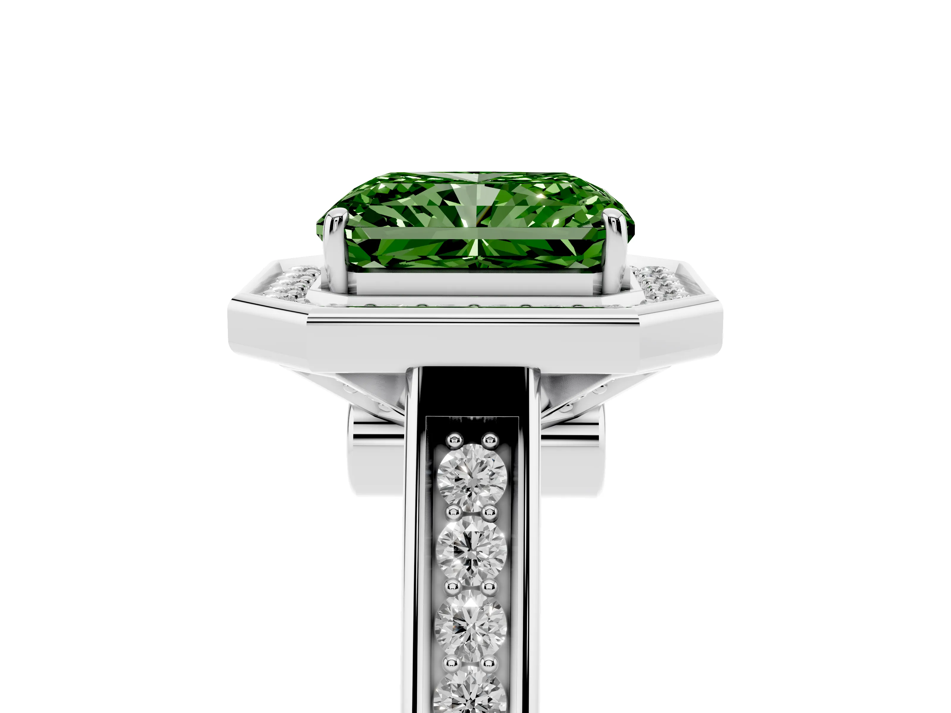 Fancy Green Emerald Cut Diamond Halo Solitaire Ring Set in Platinum with Pavé Band and Bezel Setting
