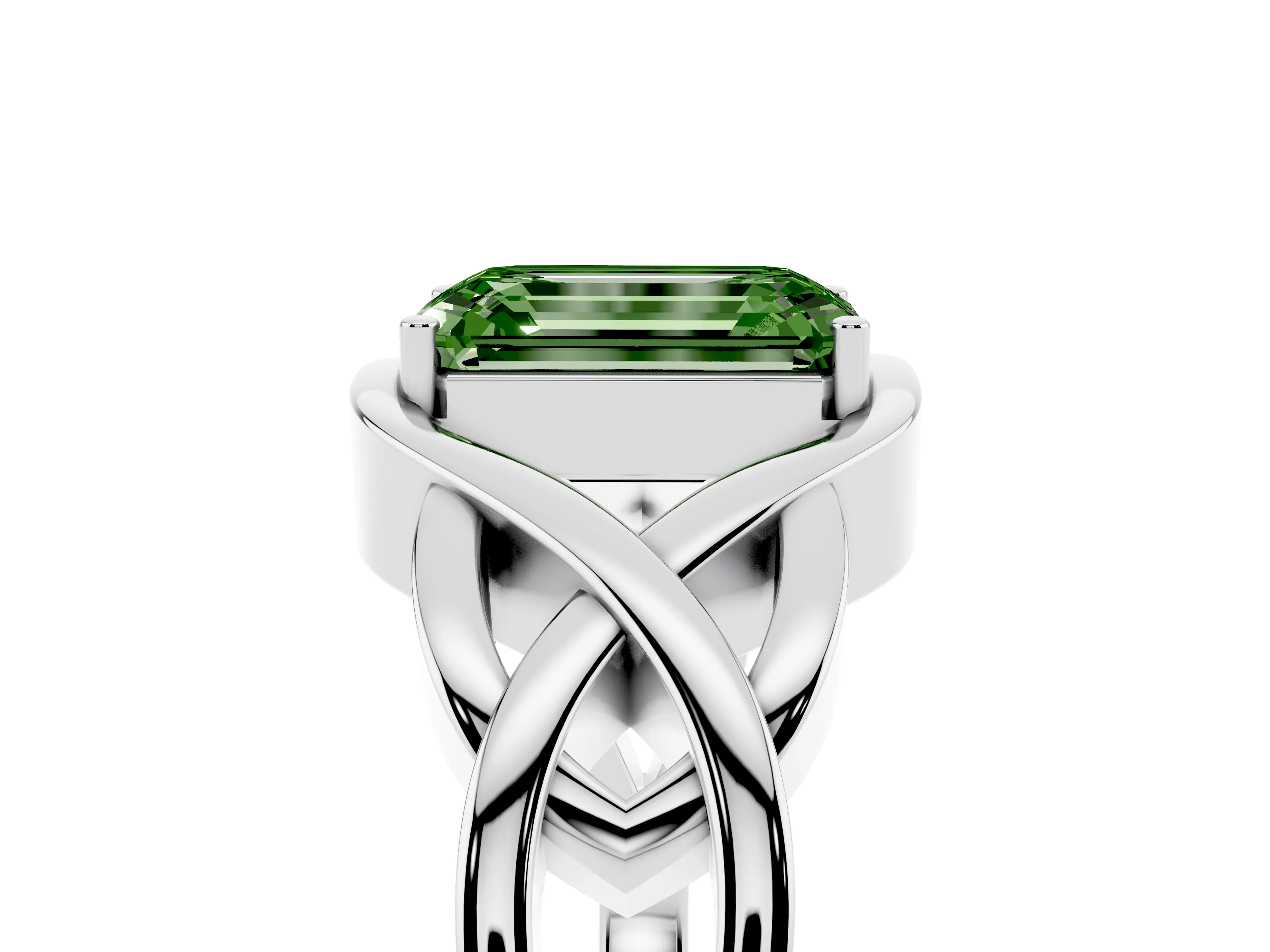 Fancy Green Emerald Cut Diamond Solitaire Ring Set in Platinum with Intertwined Band