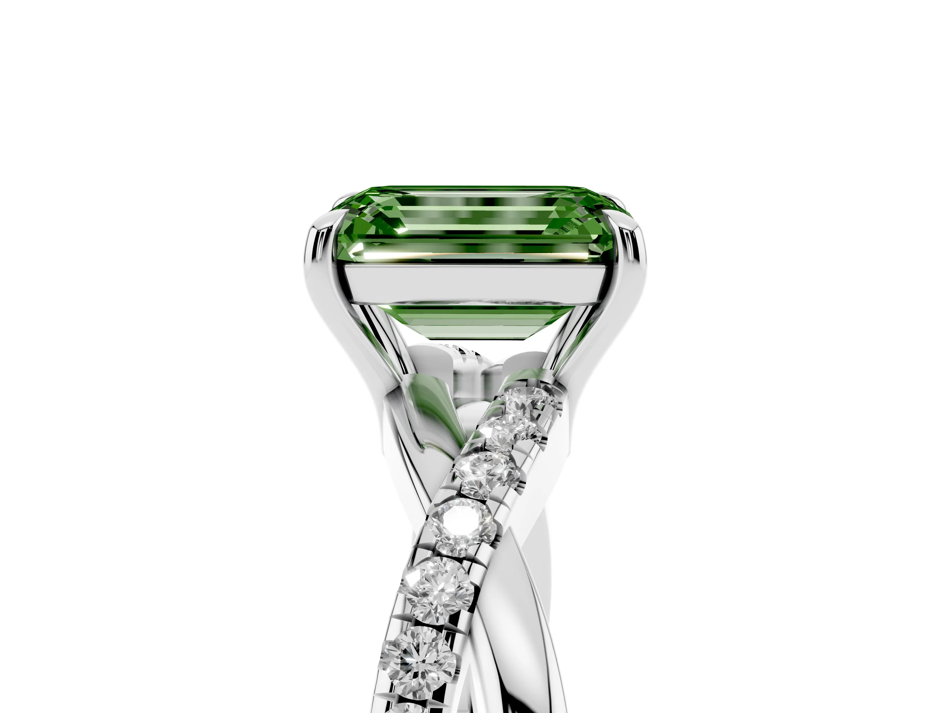 Fancy Green Emerald Cut Diamond Twisted Pavé Band Ring Set in Silver with Prong Setting