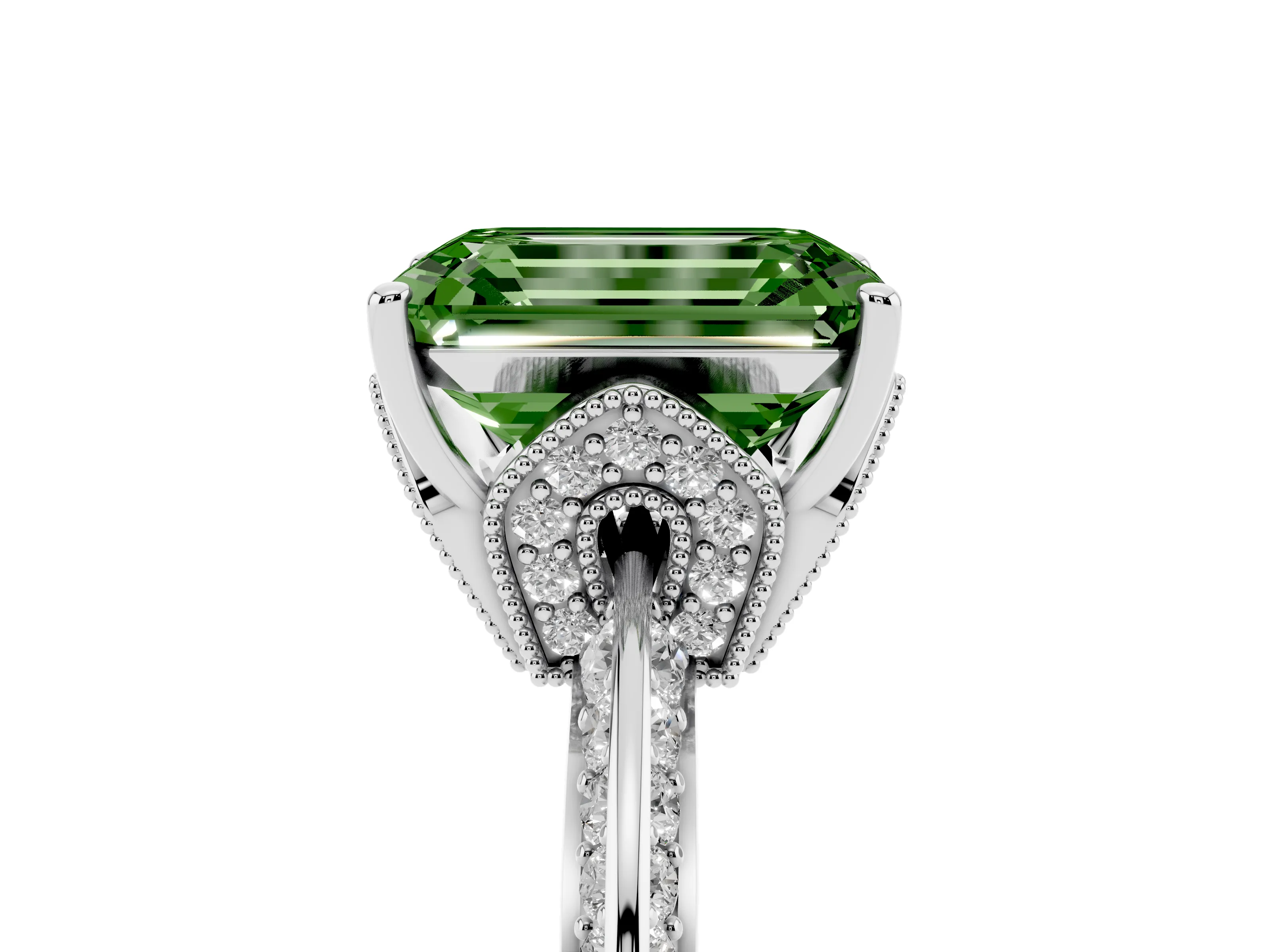 Fancy Green Emerald Cut Diamond Solitaire Engagement Ring Set in Platinum with Pavé Split Shank and Prong Setting